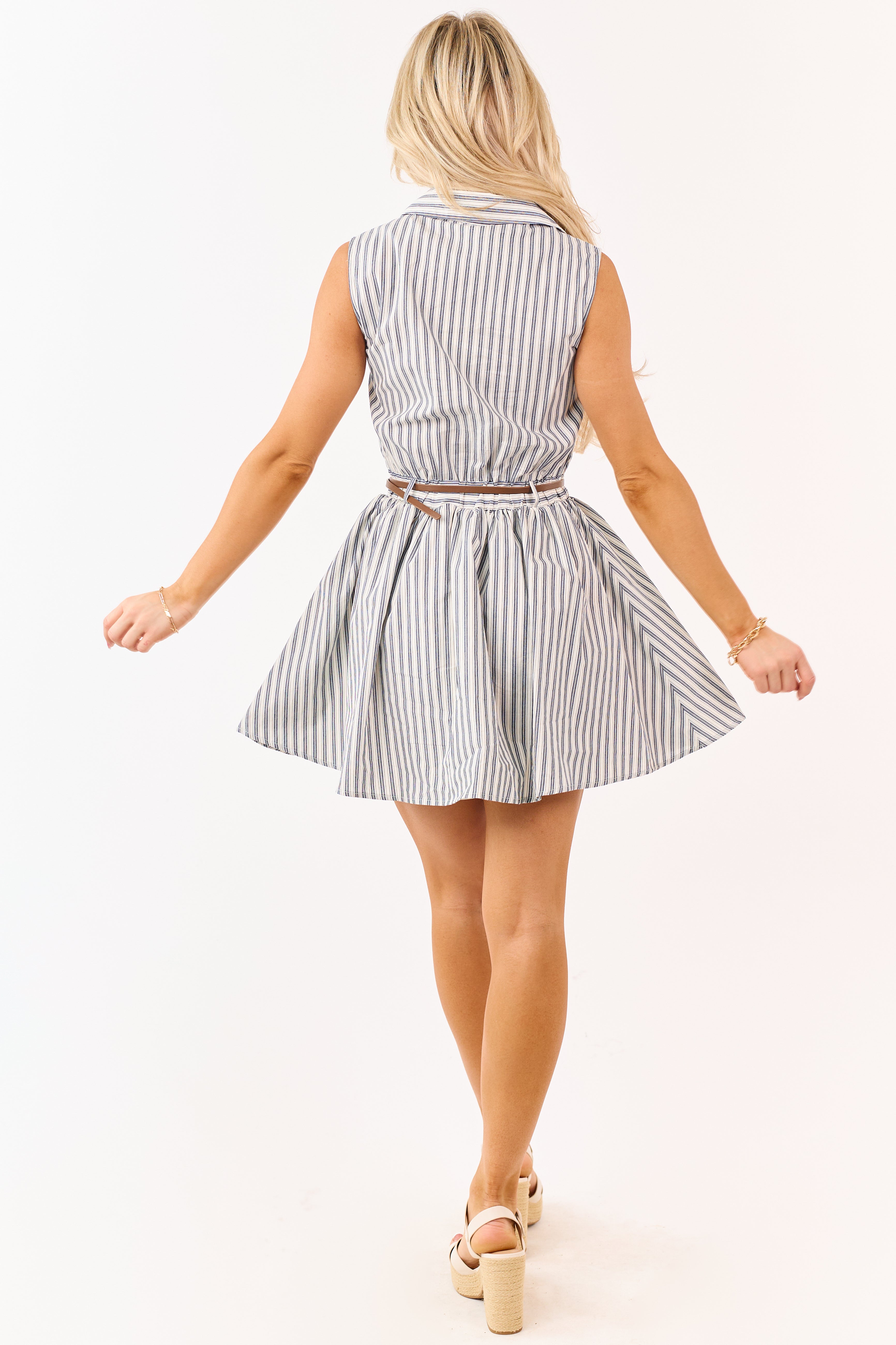 Navy Striped Button Down Mini Dress with Belt