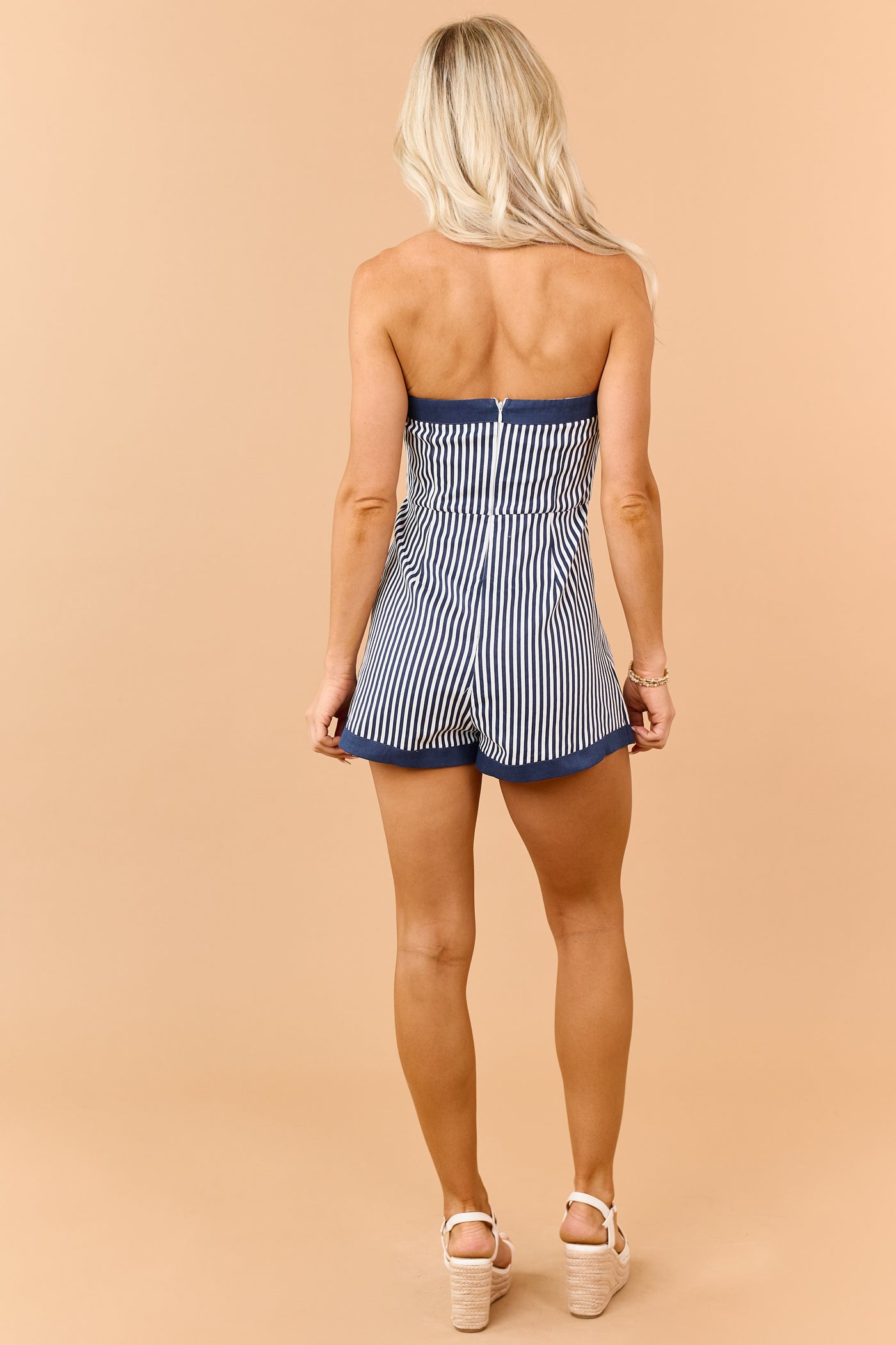 Navy Striped Denim Wrap Around Romper