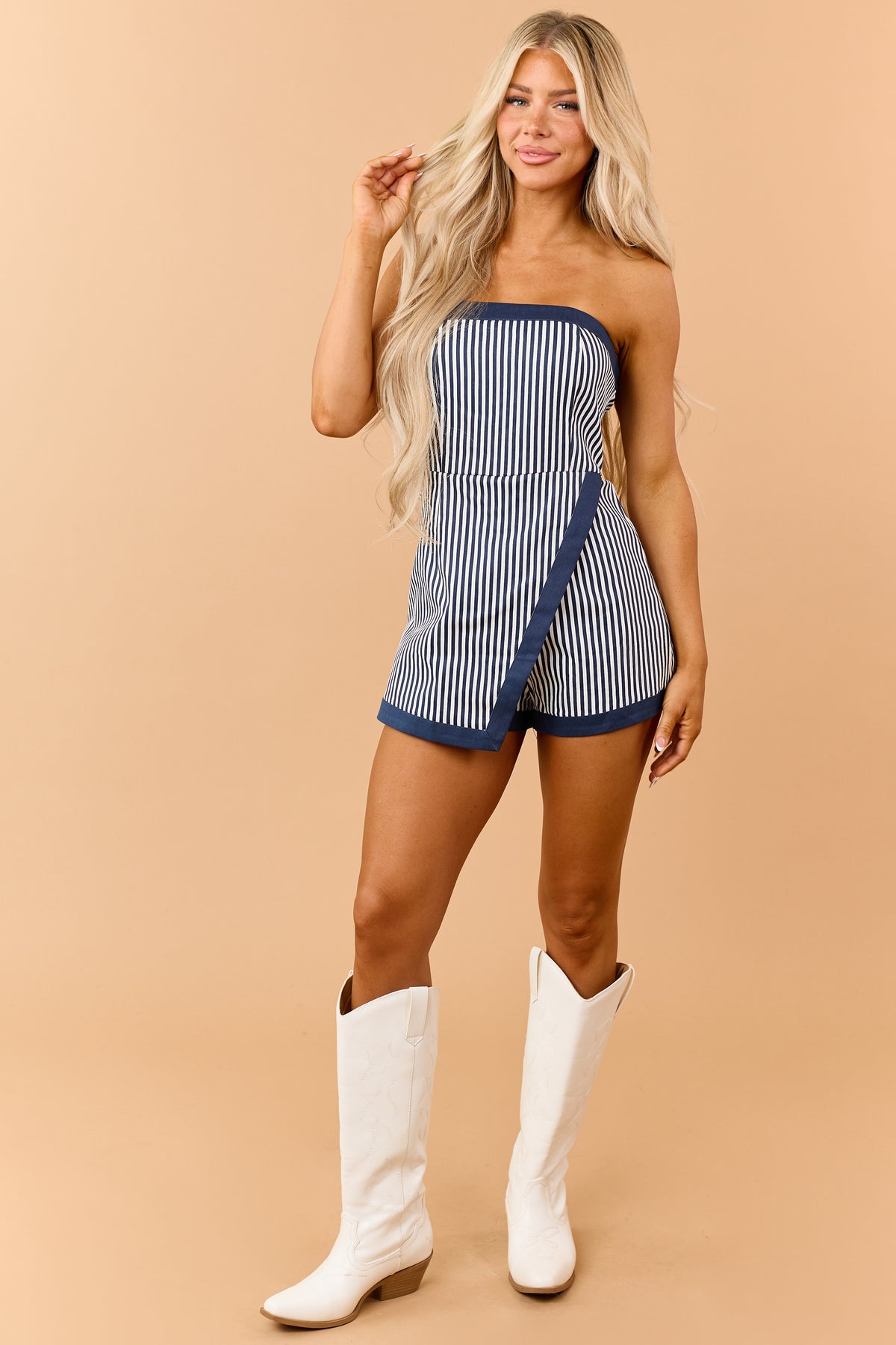 Navy Striped Denim Wrap Around Romper