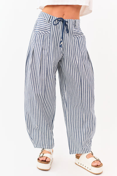 Navy Striped Elastic Waistband Denim Barrel Pants