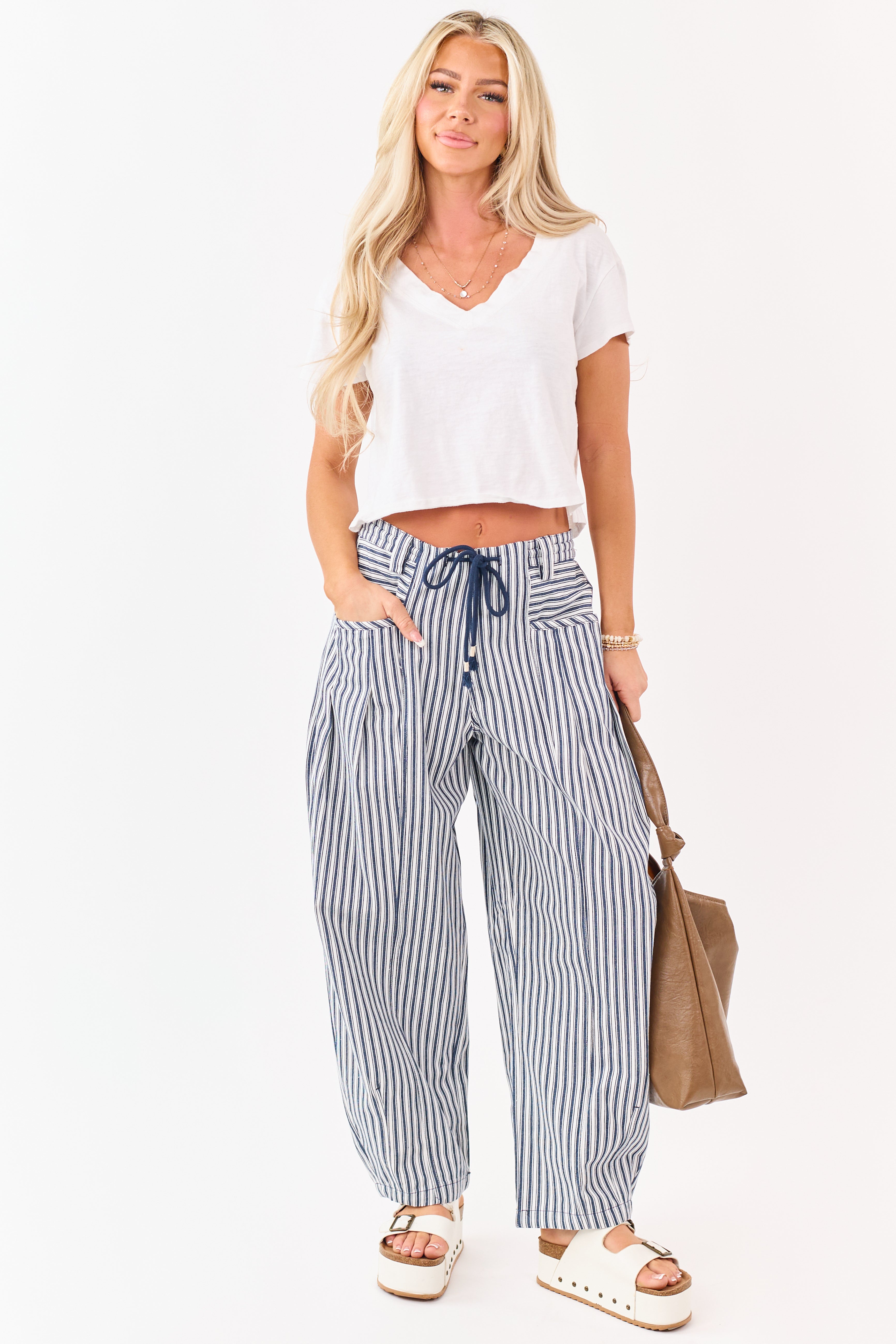 Navy Striped Elastic Waistband Denim Barrel Pants | Lime Lush Boutique display picture 1