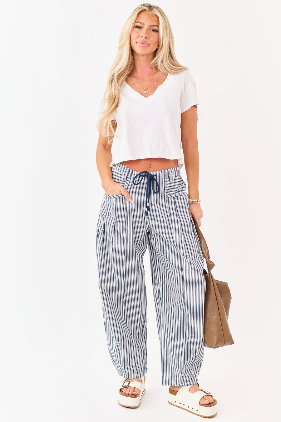 Navy Striped Elastic Waistband Denim Barrel Pants