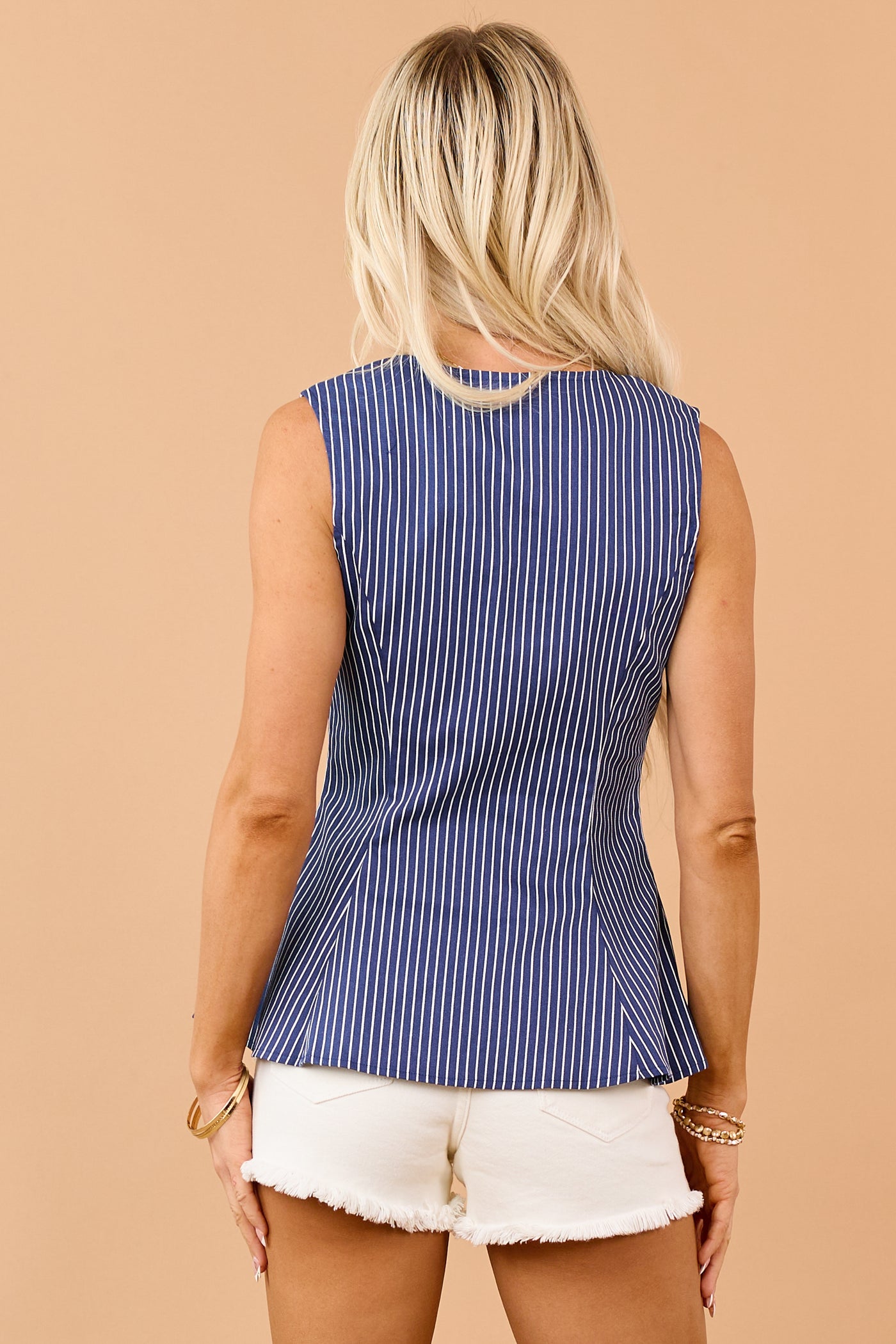 Navy Striped Hidden Button Denim Peplum Tank Top