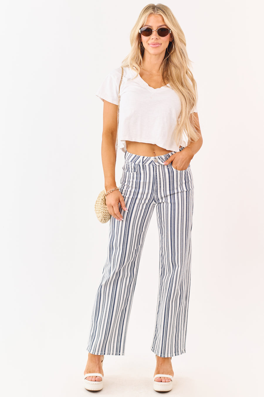 Navy Striped High Rise Straight Stretchy Jeans
