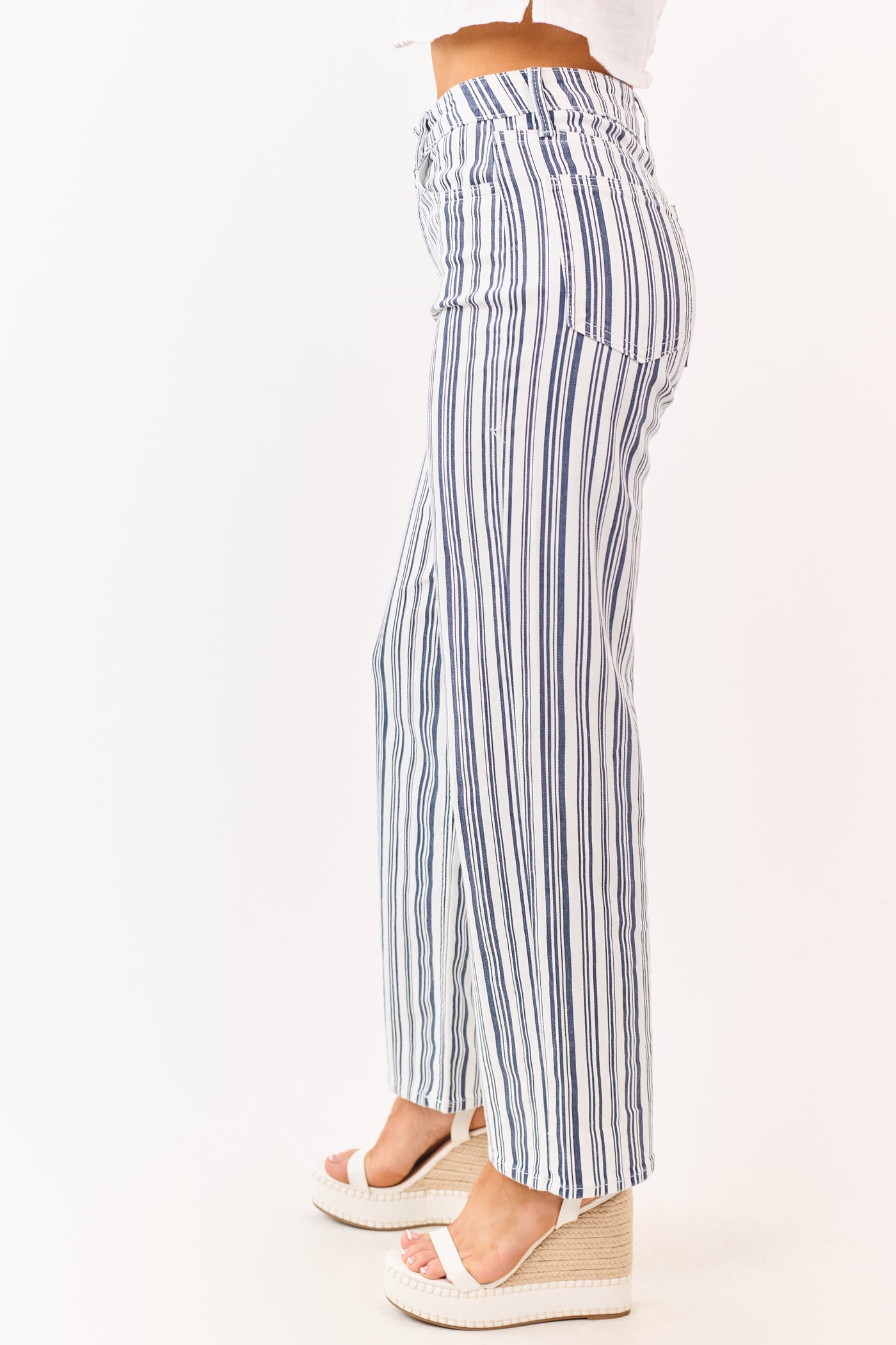 Navy Striped High Rise Straight Stretchy Jeans