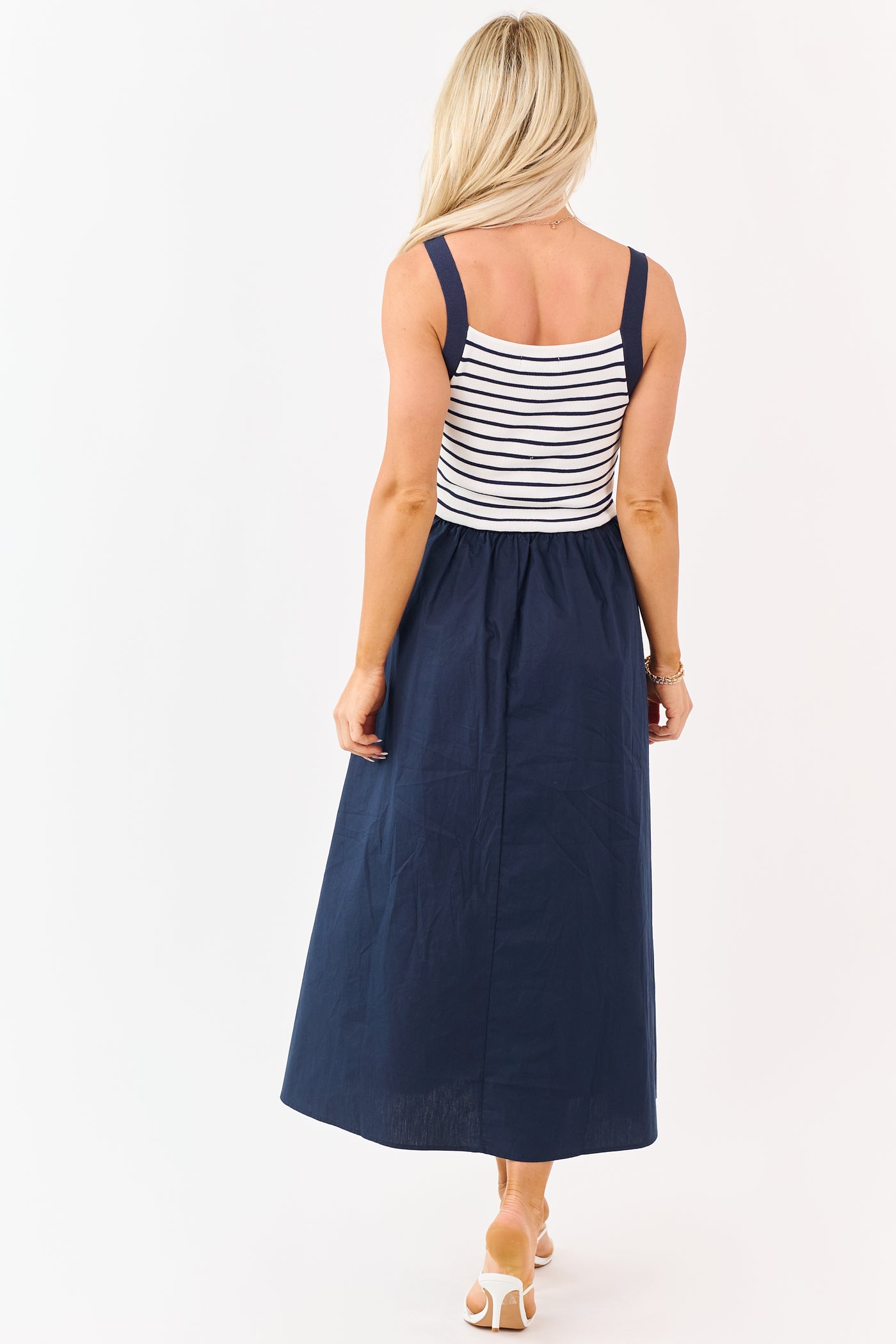 Navy Striped Knit Contrast Cotton Skirt Midi Dress
