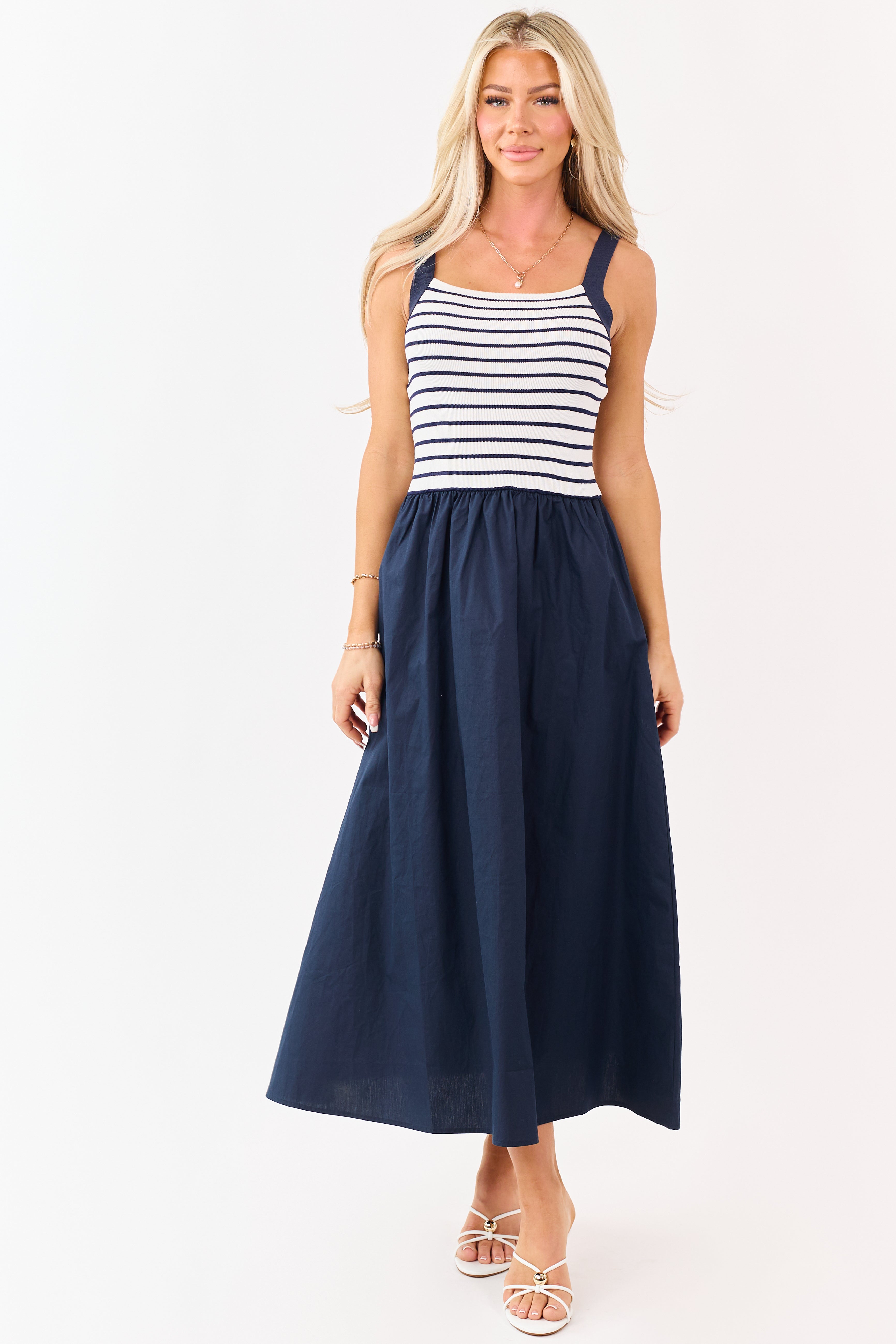 Navy Striped Knit Contrast Cotton Skirt Midi Dress