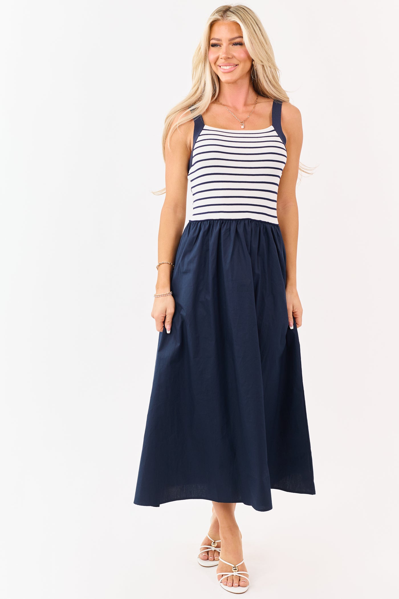 Navy Striped Knit Contrast Cotton Skirt Midi Dress