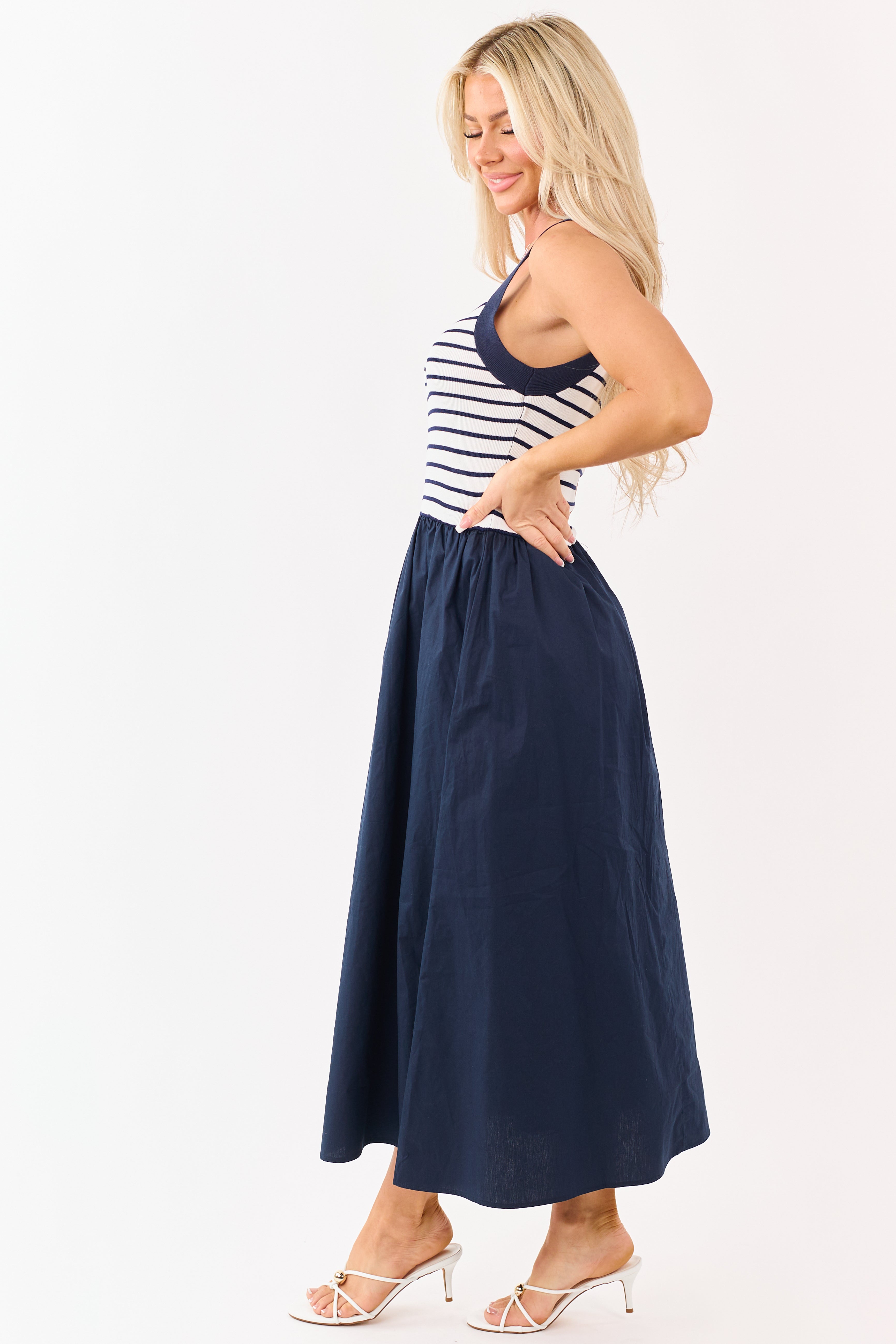Navy Striped Knit Contrast Cotton Skirt Midi Dress