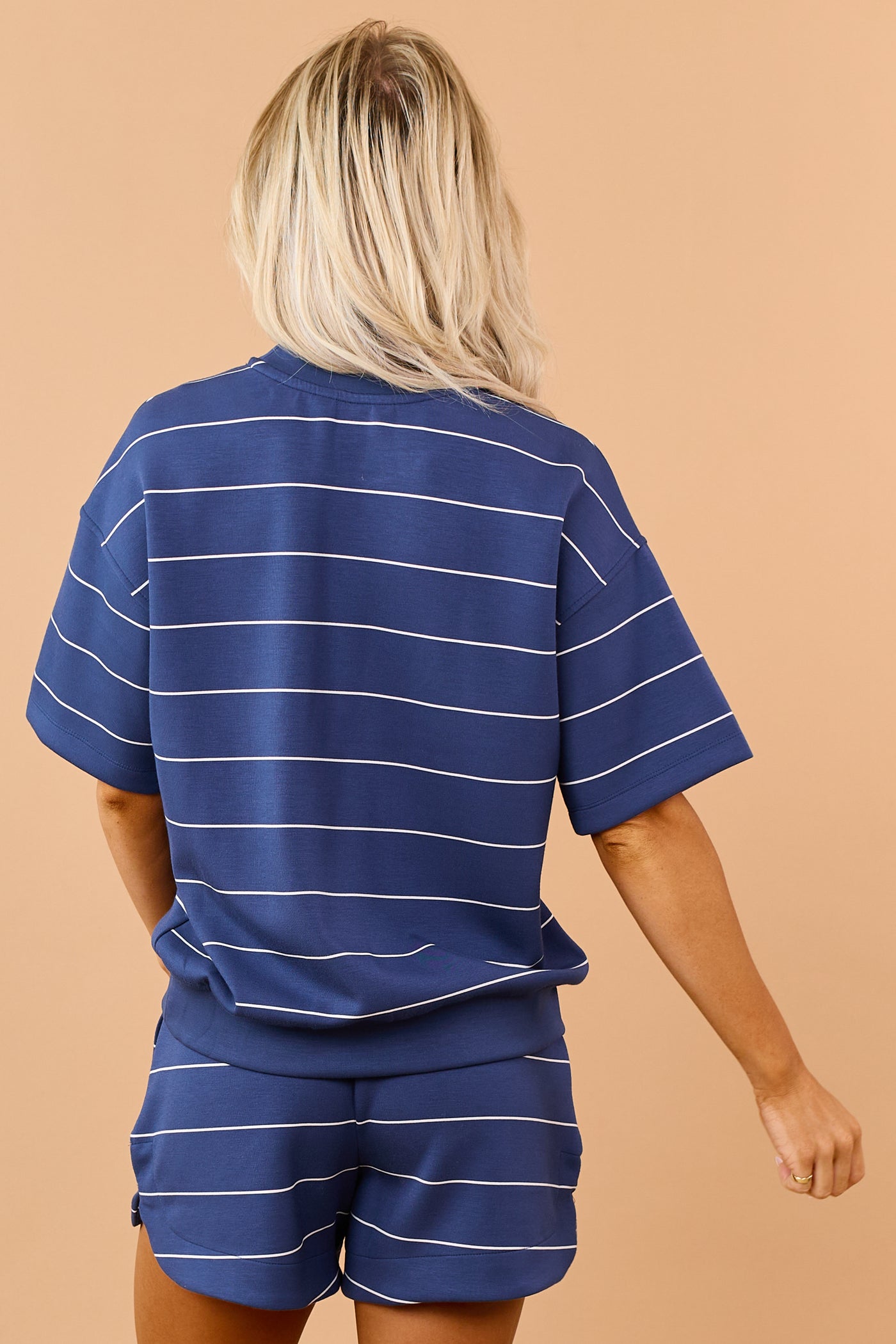 Navy Striped Knit Short Sleeve Crew Neck Top
