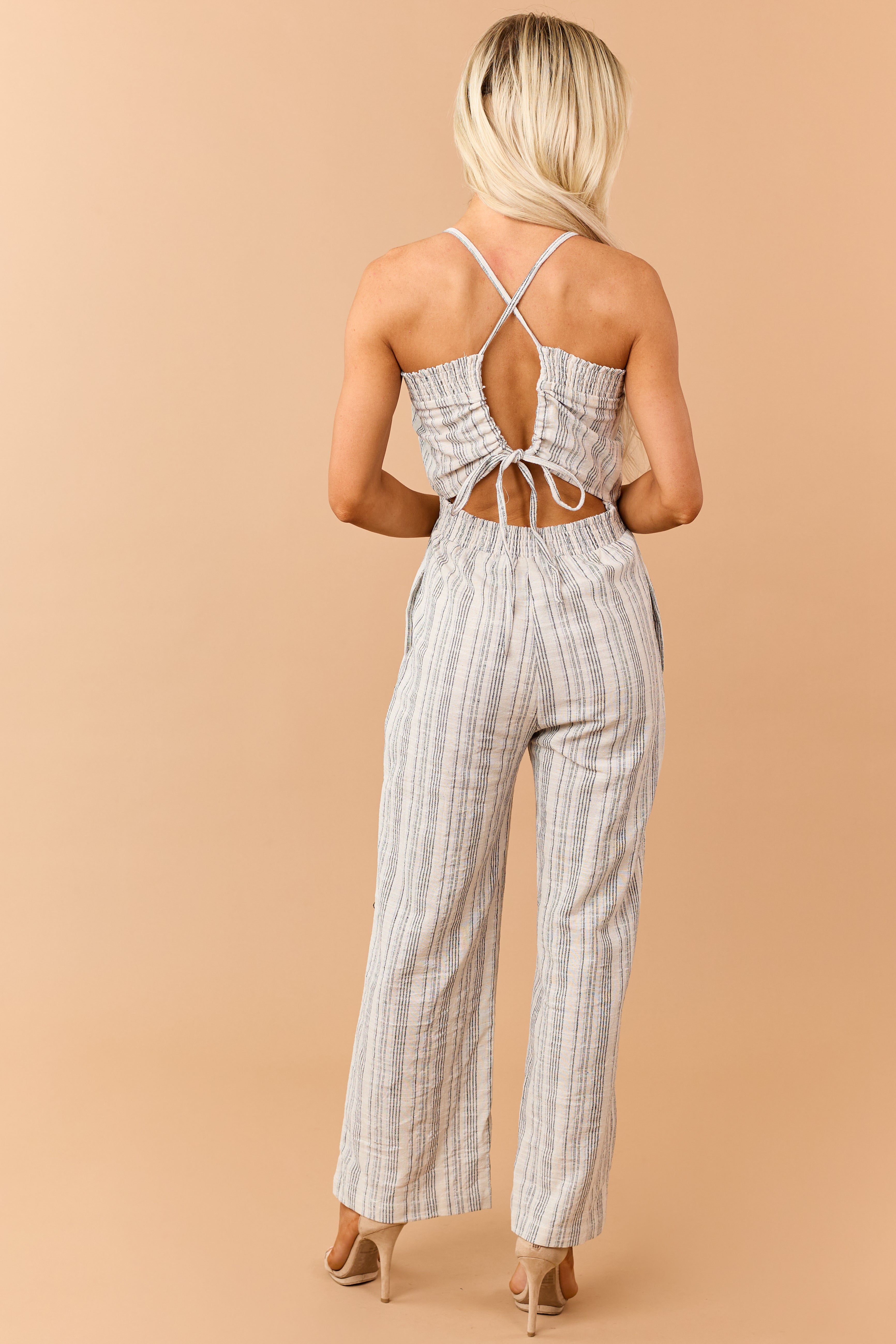 Navy Striped Open Back Sleeveless Jumpsuit