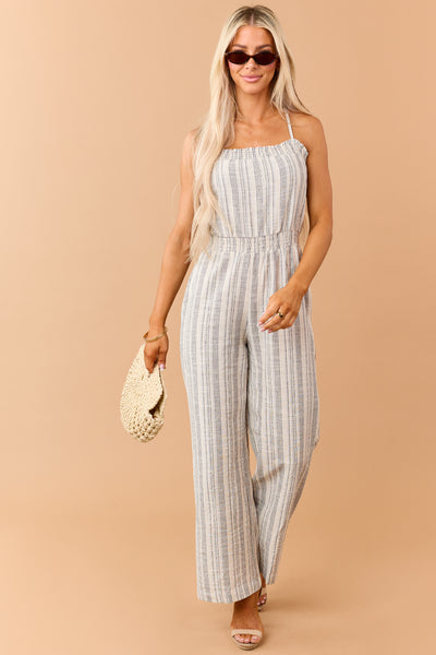 Navy Striped Open Back Sleeveless Jumpsuit