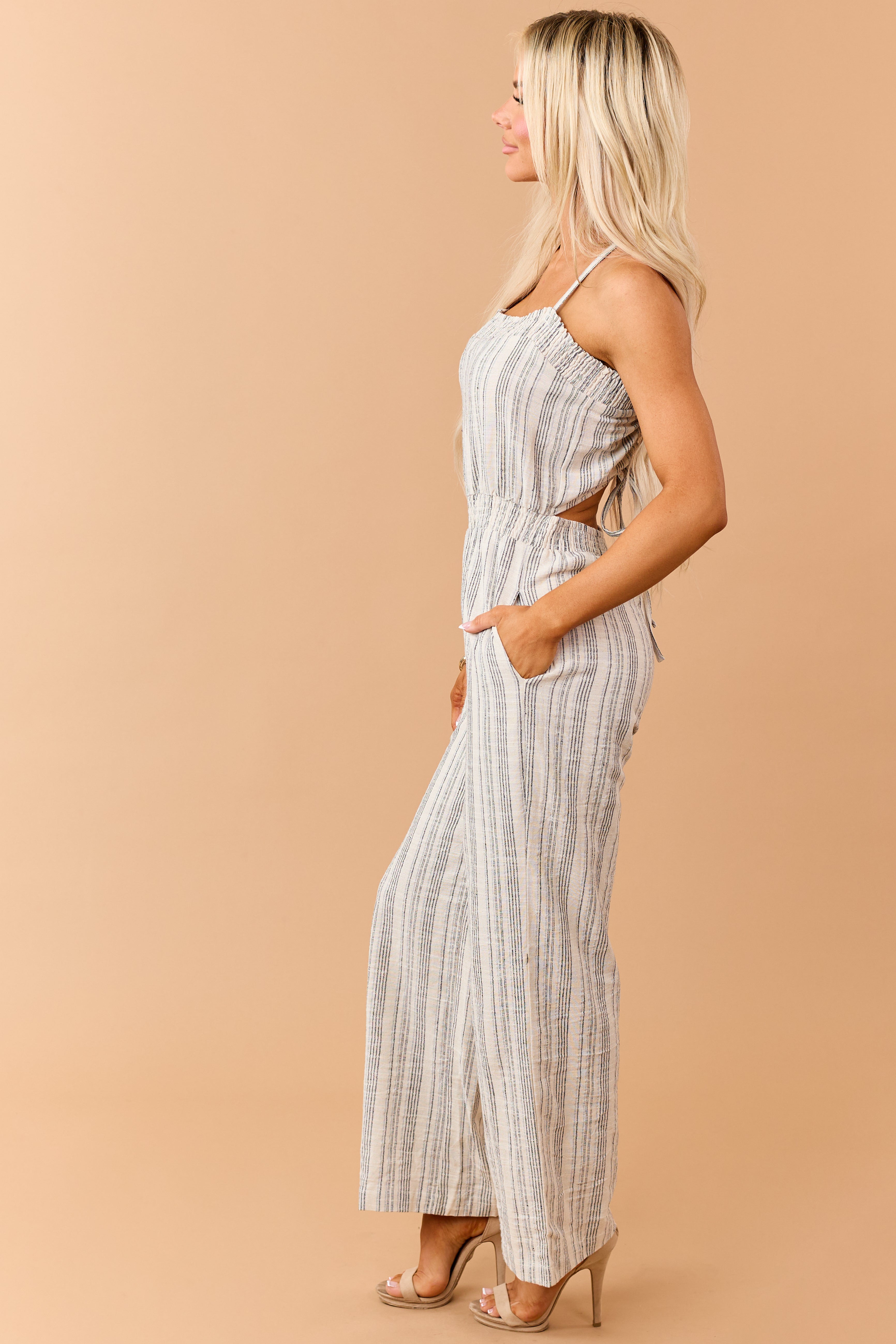 Navy Striped Open Back Sleeveless Jumpsuit