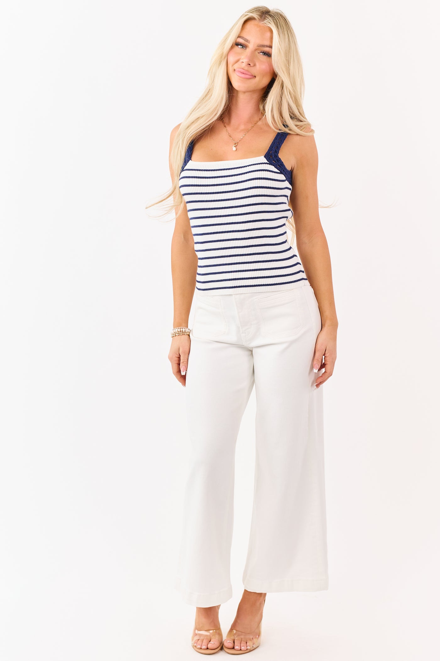 Navy Striped Rib Knit Crochet Strap Tank Top