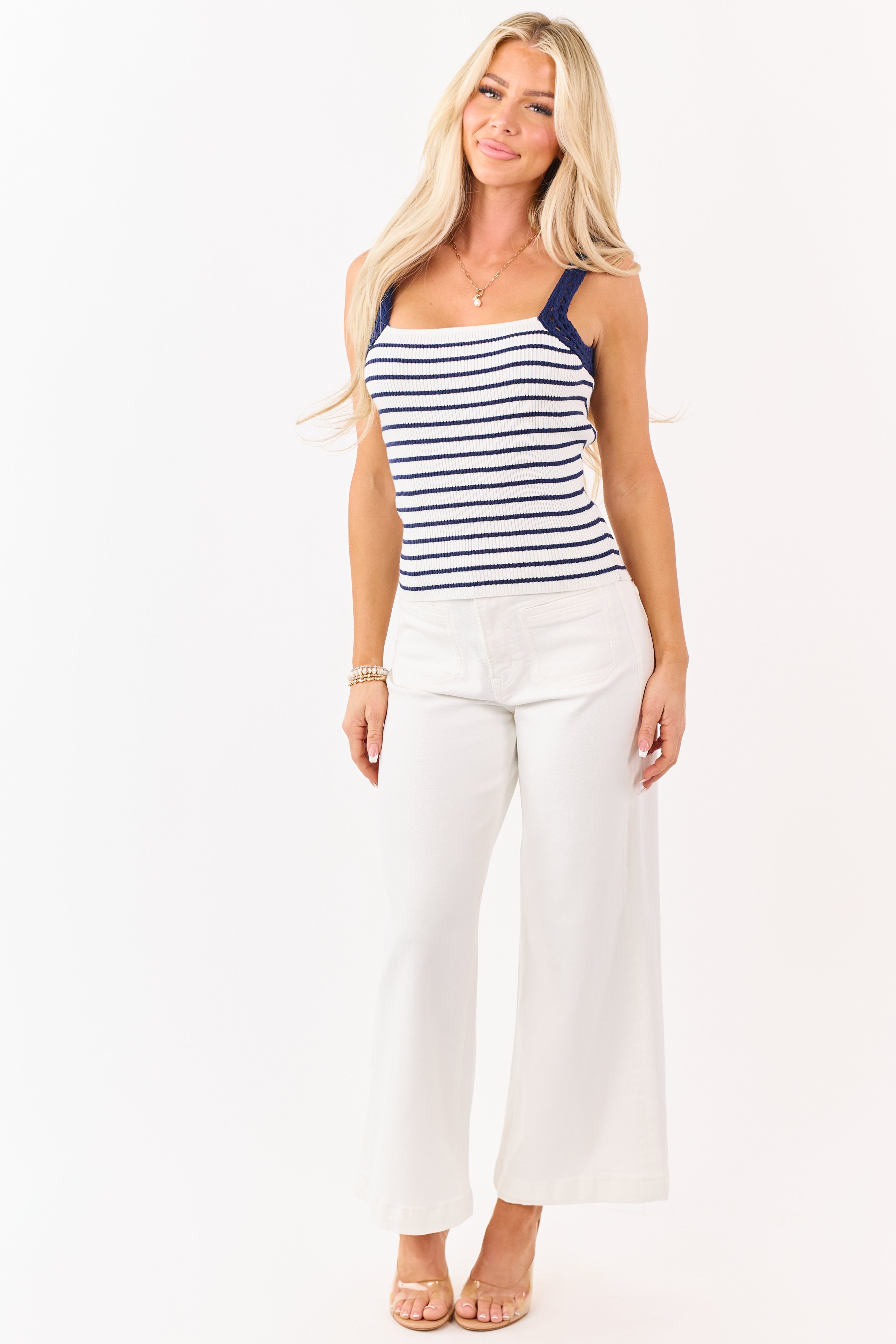 Navy Striped Rib Knit Crochet Strap Tank Top