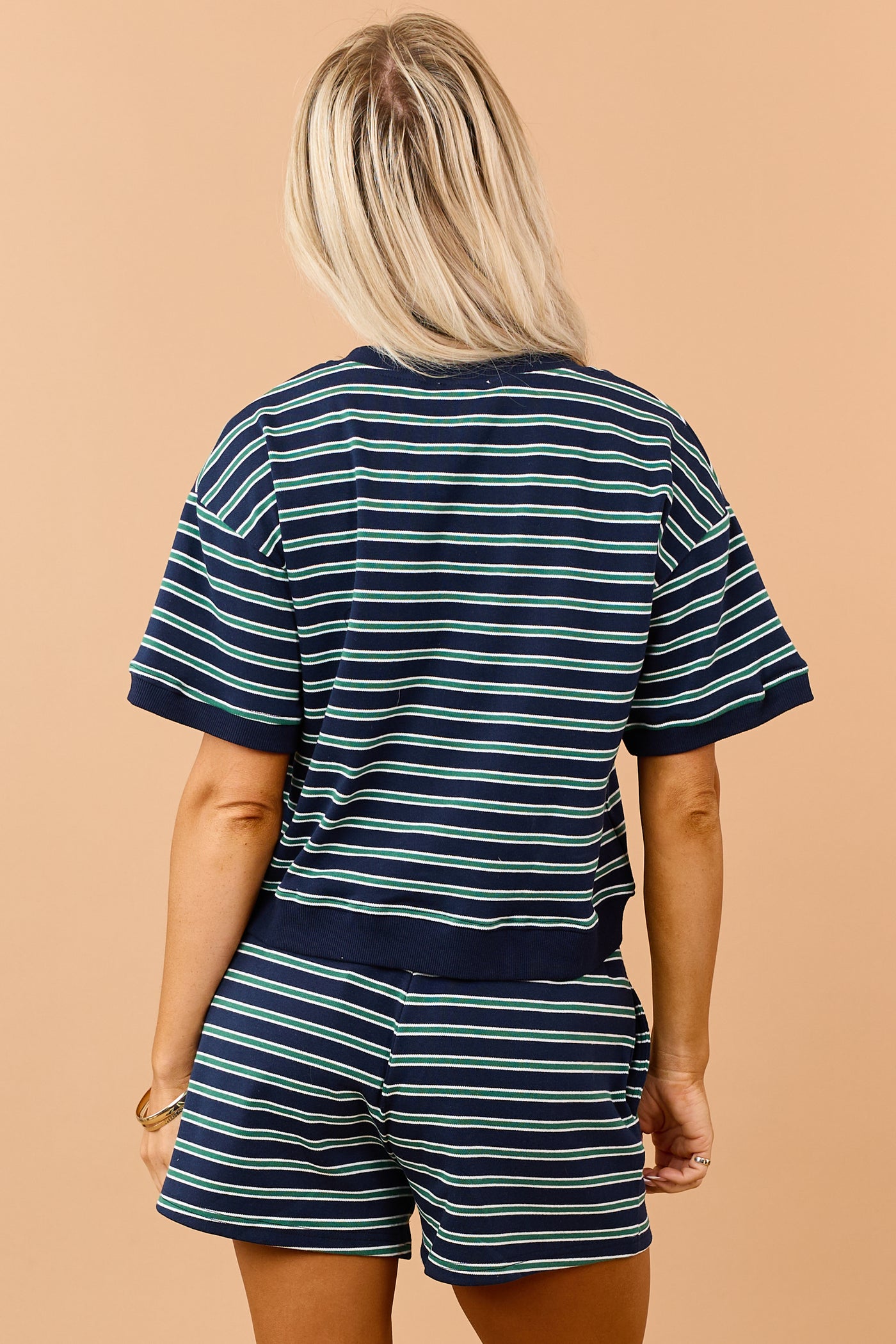Navy Striped Rib Trim Button Down Short Sleeve Top