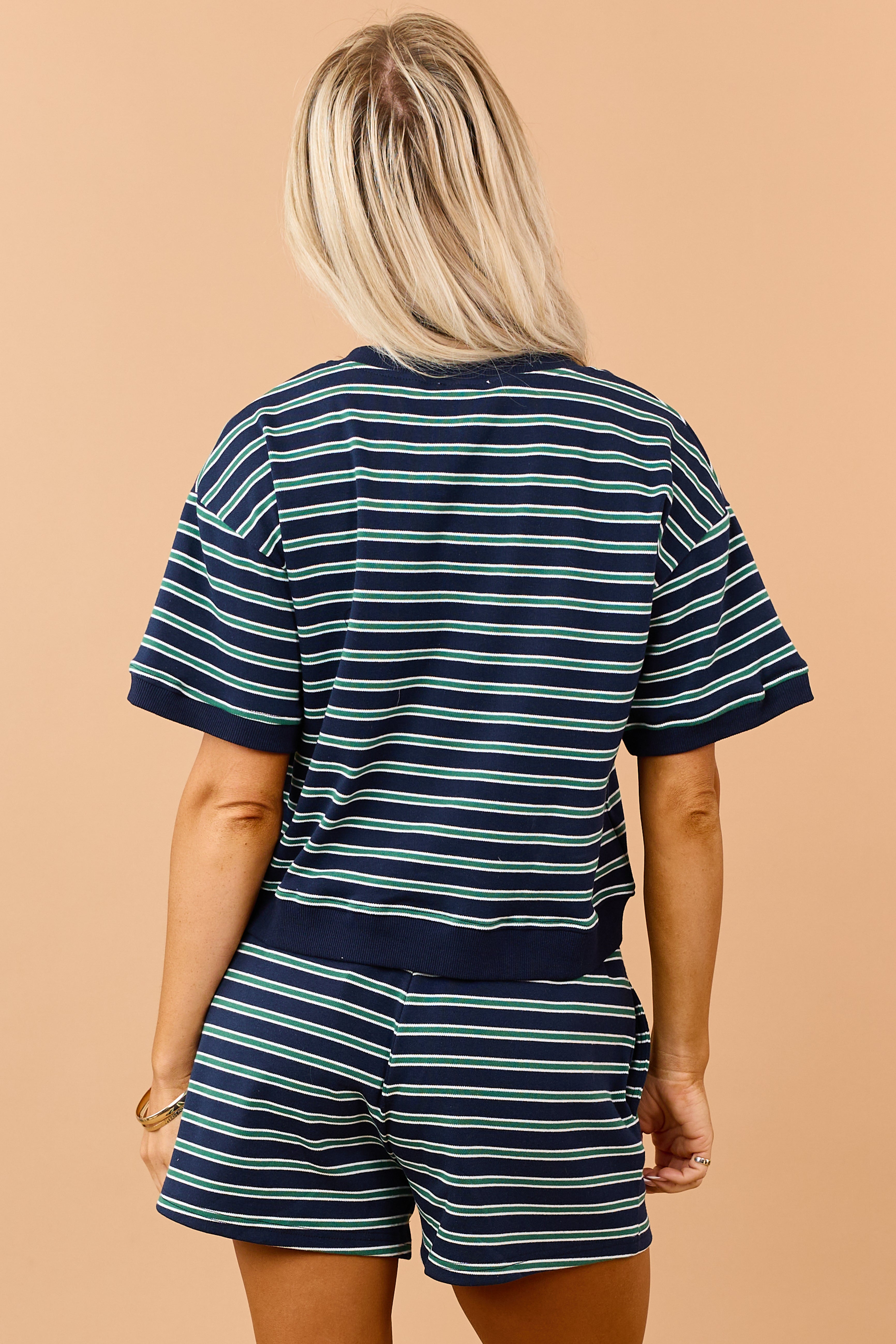 Navy Striped Rib Trim Button Down Short Sleeve Top
