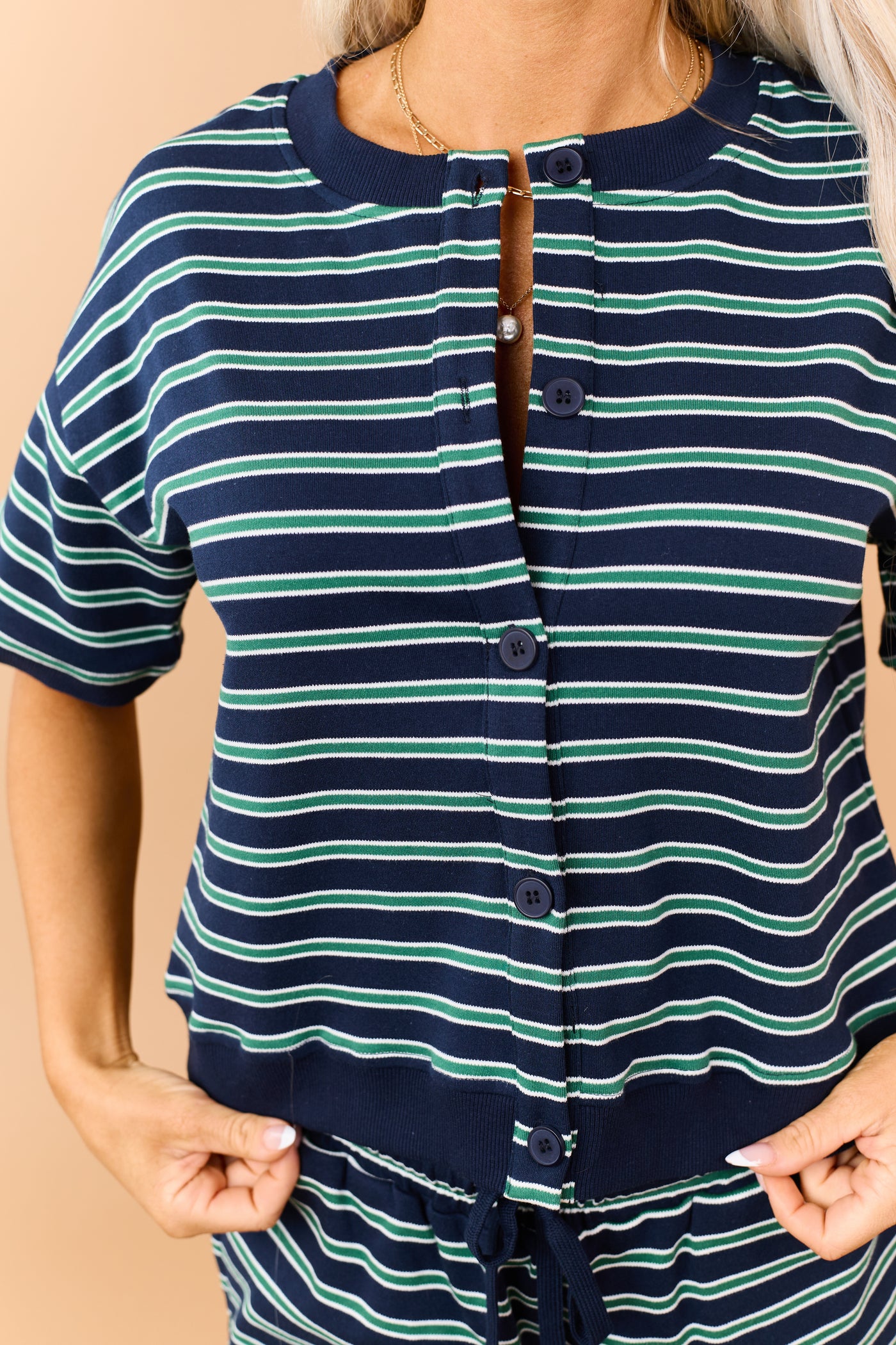 Navy Striped Rib Trim Button Down Short Sleeve Top