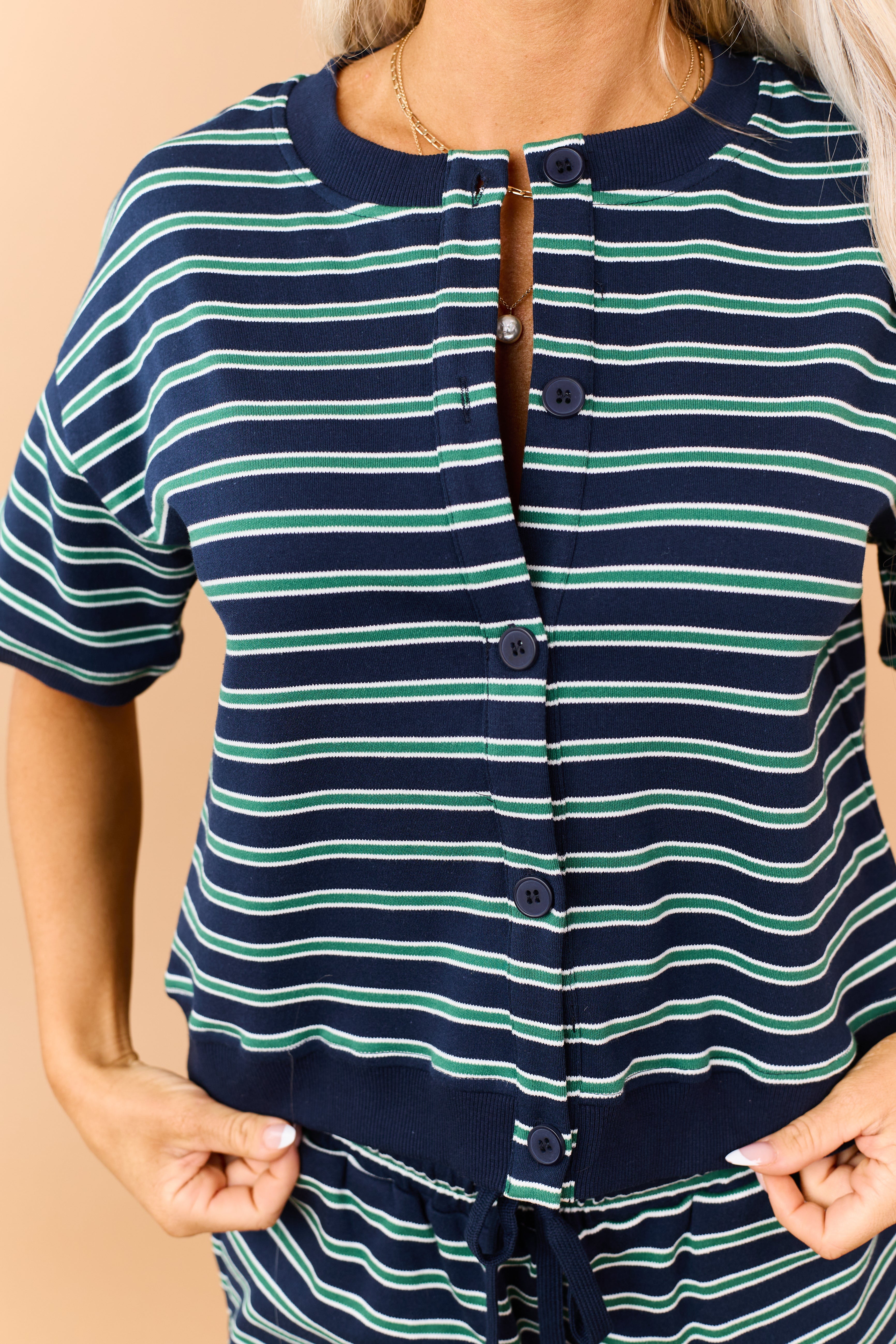 Navy Striped Rib Trim Button Down Short Sleeve Top