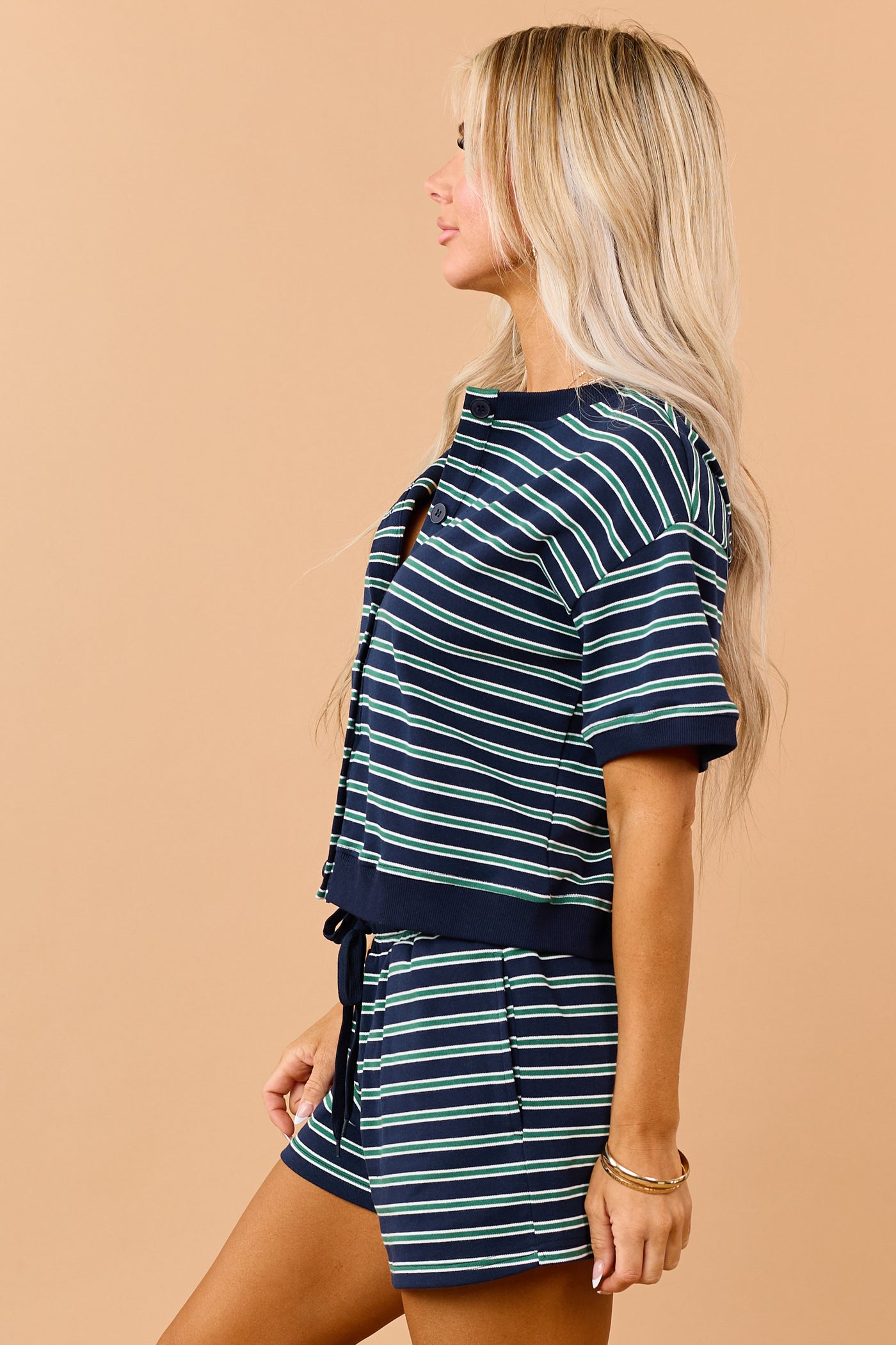 Navy Striped Rib Trim Button Down Short Sleeve Top