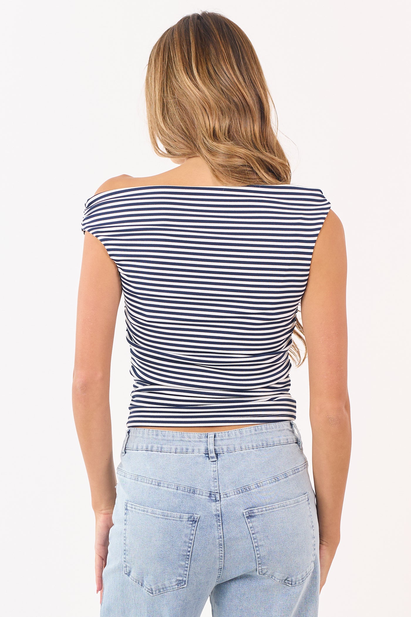 Navy Striped Ruched Side Off Shoulder Top