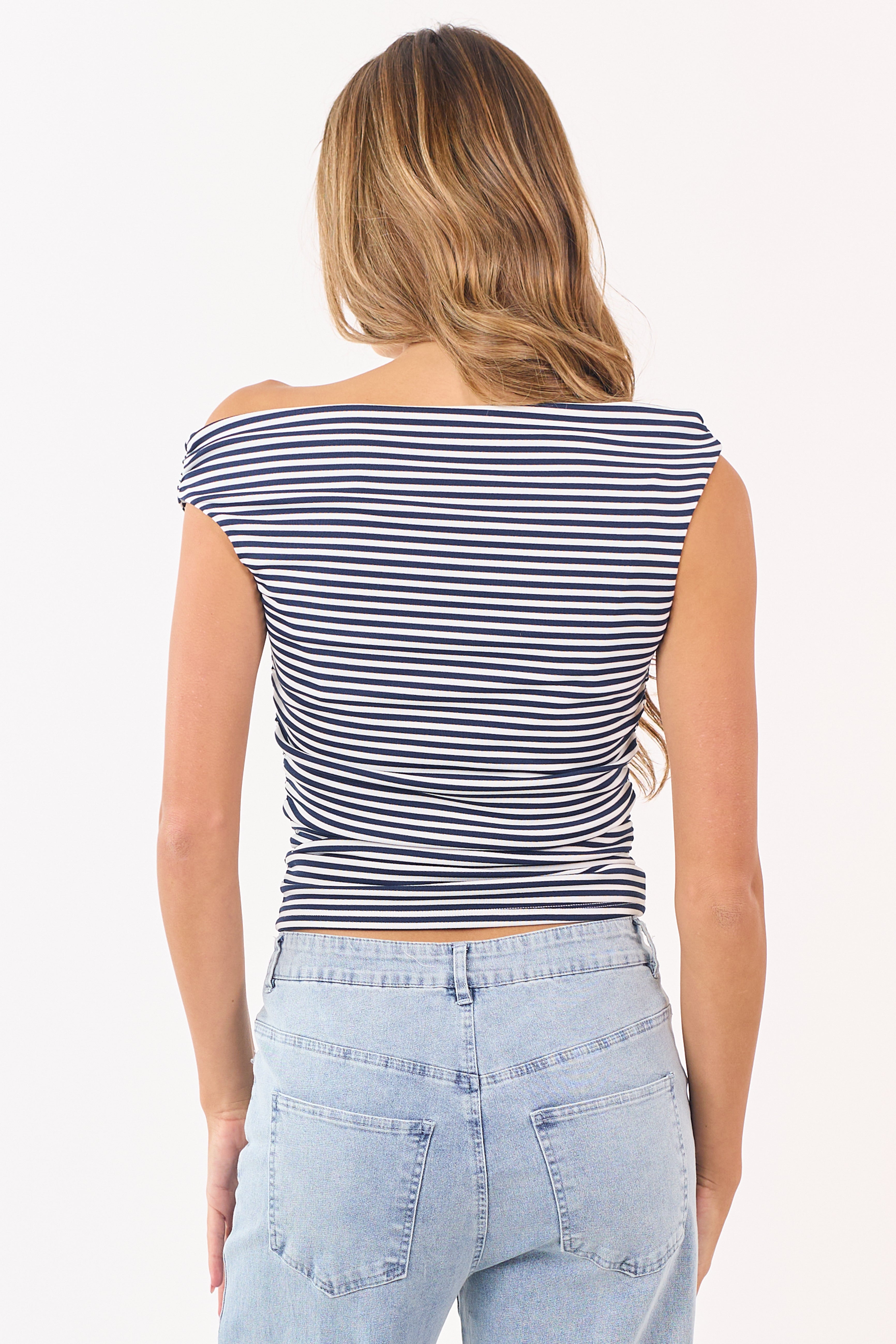 Navy Striped Ruched Side Off Shoulder Top