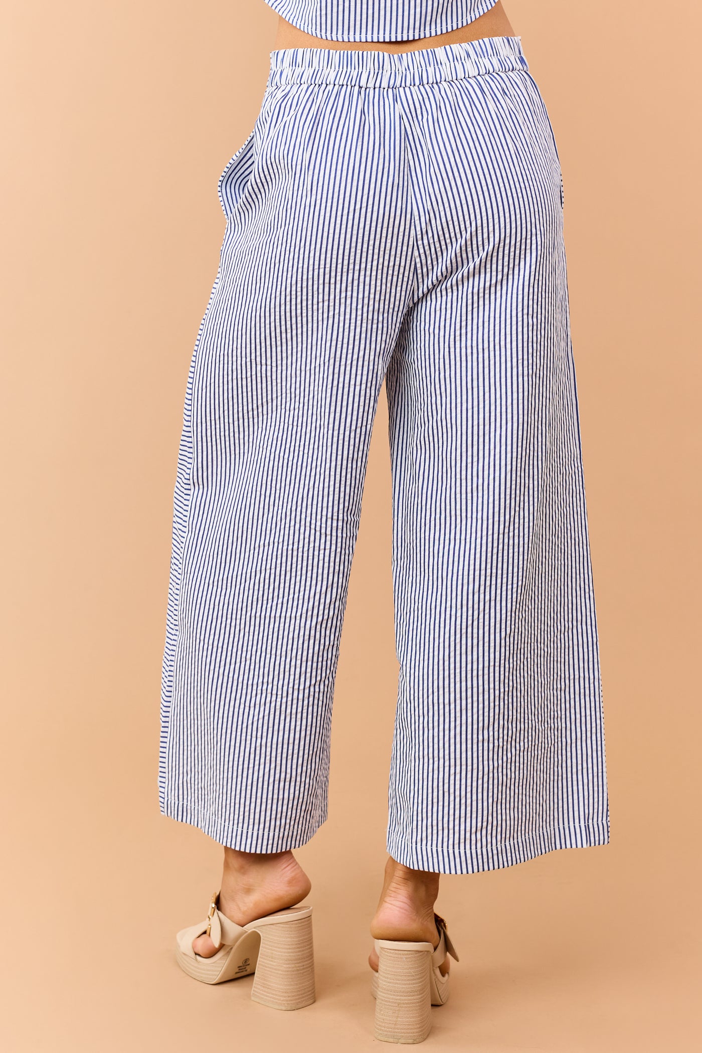 Navy Striped Side Button Down Wide Leg Pants
