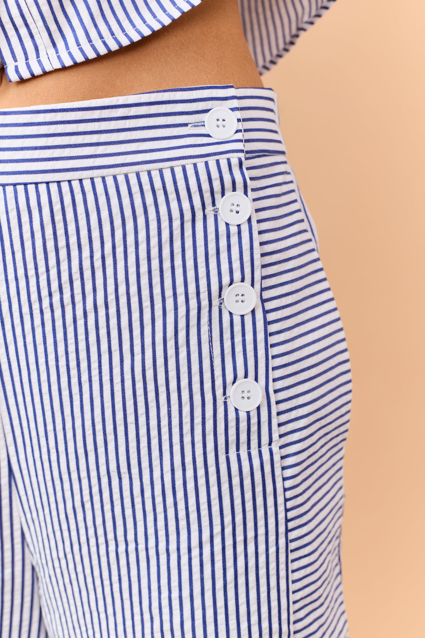 Navy Striped Side Button Down Wide Leg Pants