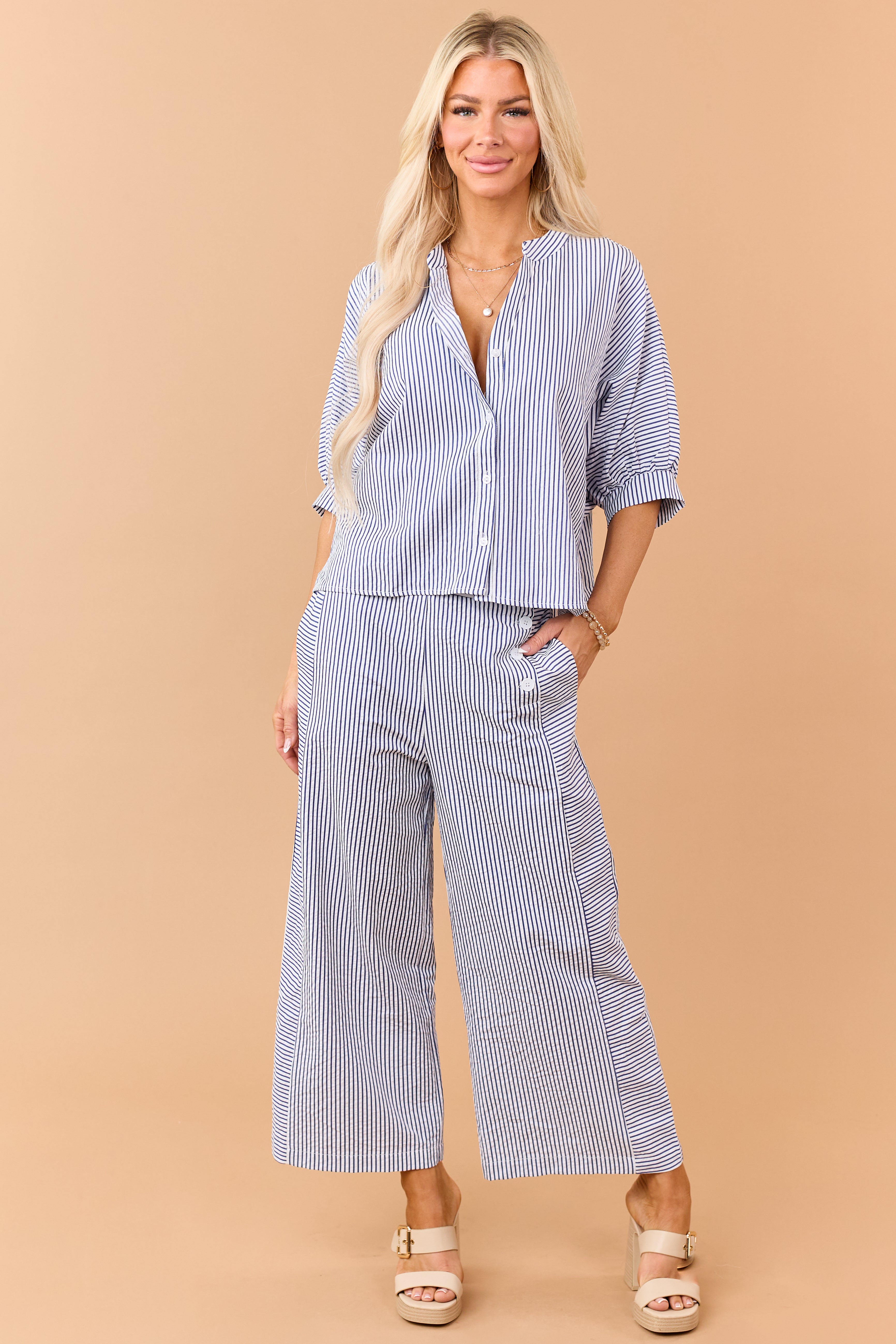 Navy Striped Side Button Down Wide Leg Pants