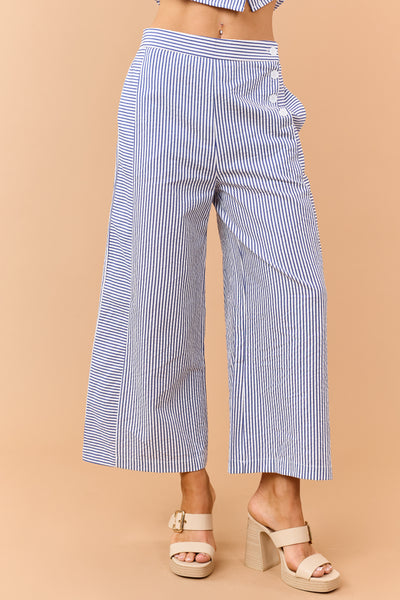 Navy Striped Side Button Down Wide Leg Pants
