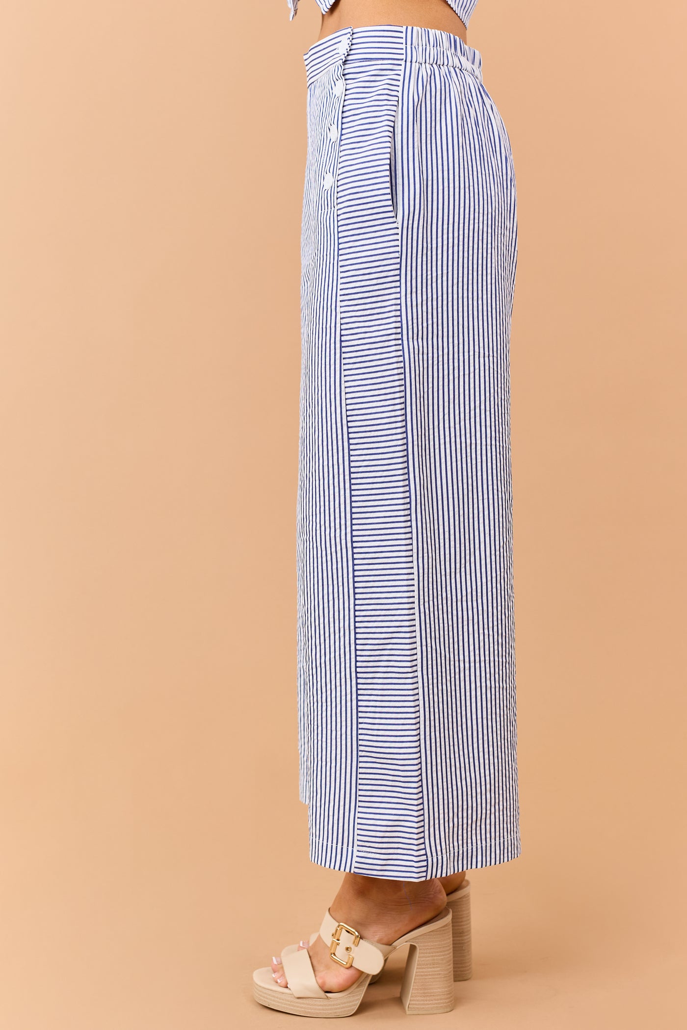 Navy Striped Side Button Down Wide Leg Pants
