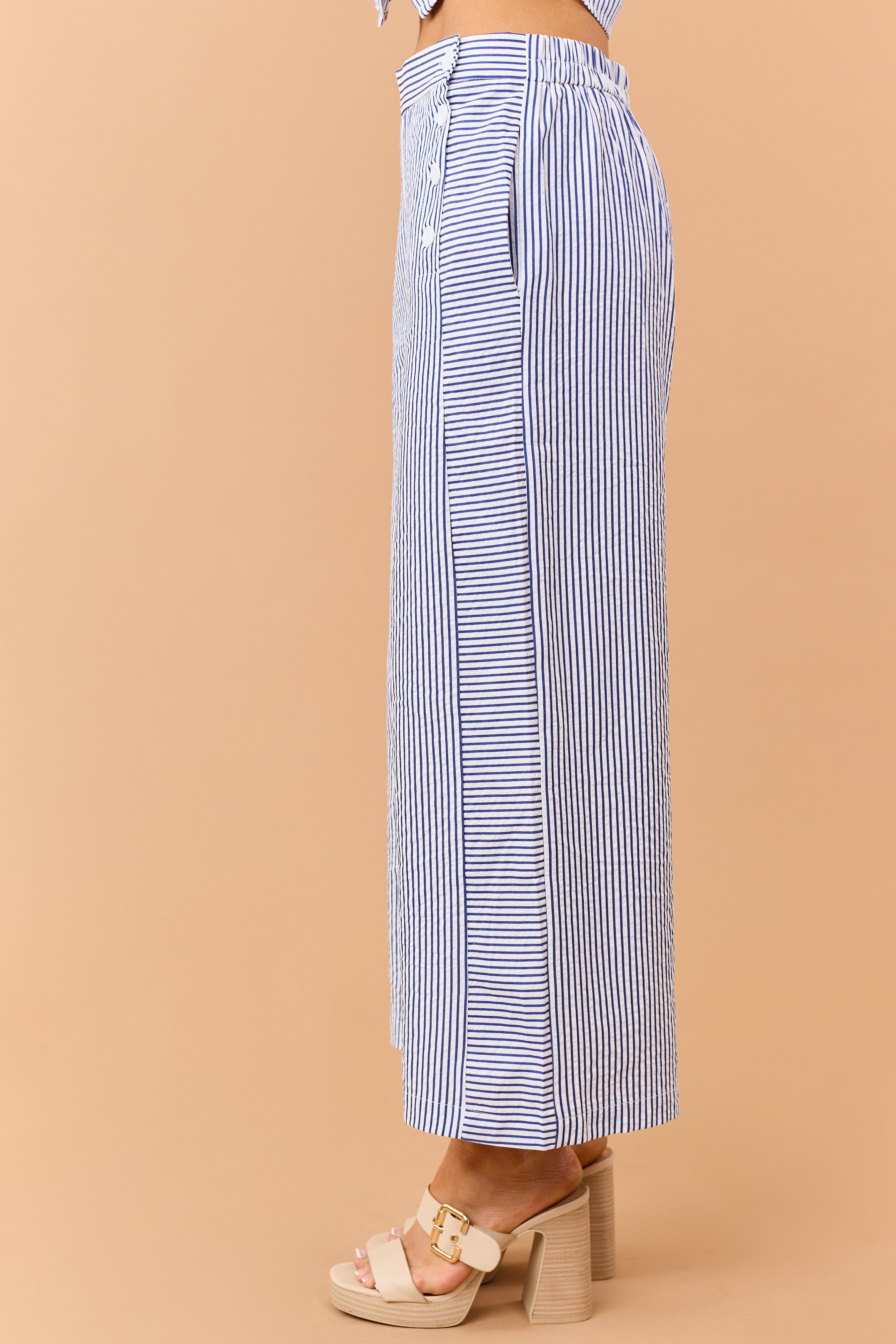 Navy Striped Side Button Down Wide Leg Pants