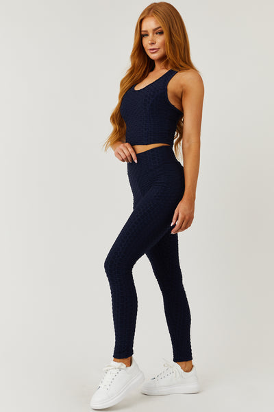 Navy Textured Racerback Crop Top and Leggings Set