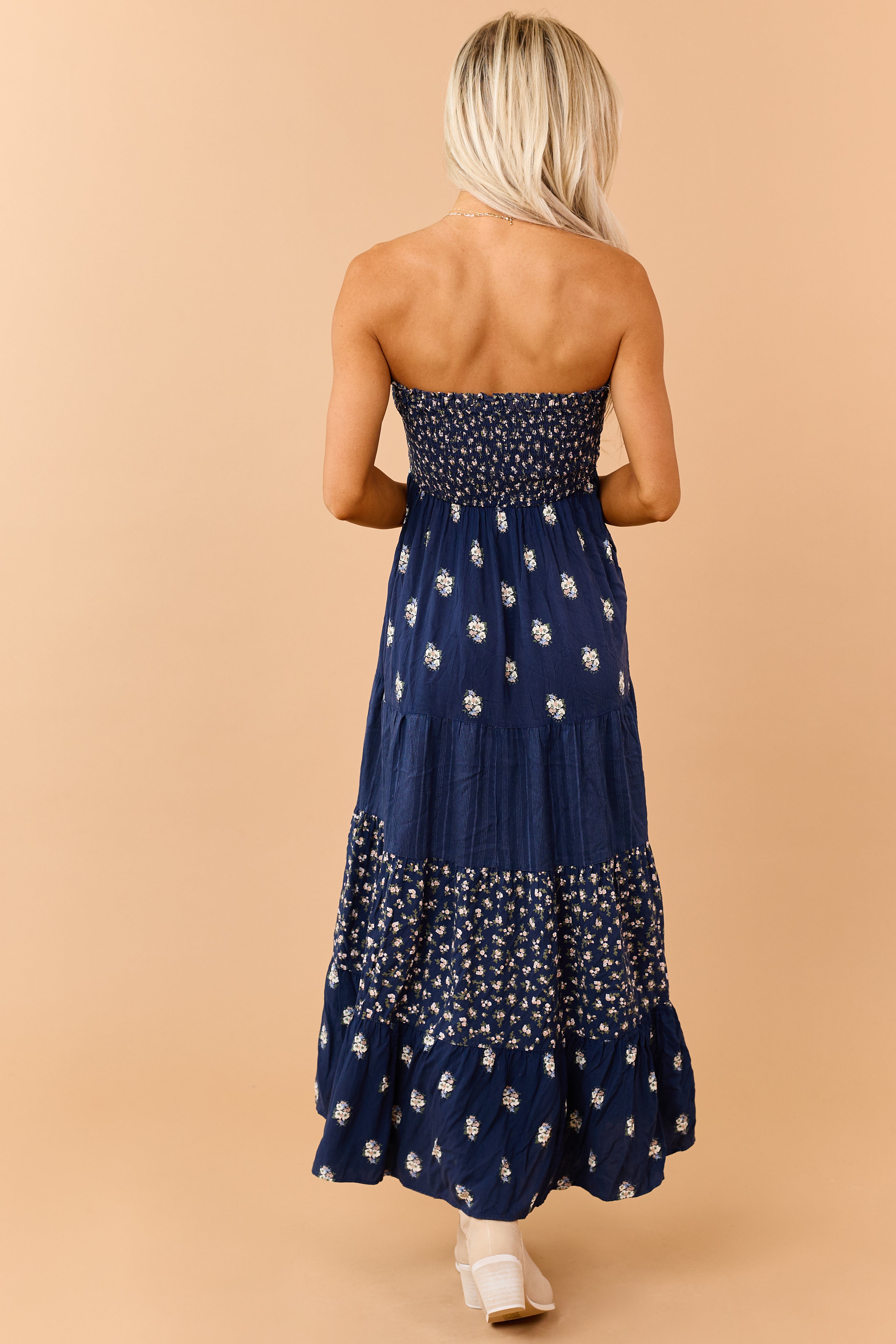 Navy Tiered Floral Print Strapless Maxi Dress