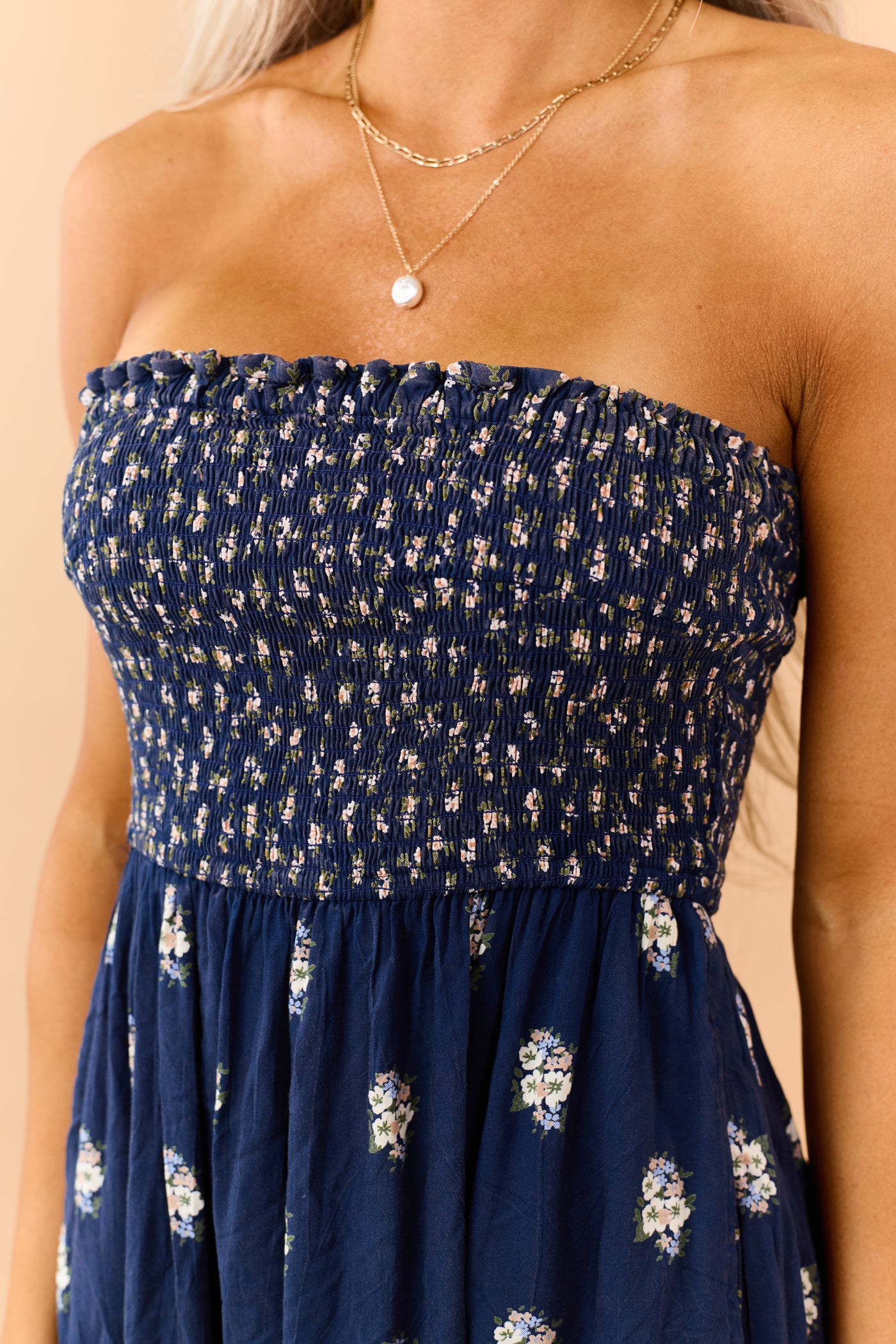 Navy Tiered Floral Print Strapless Maxi Dress