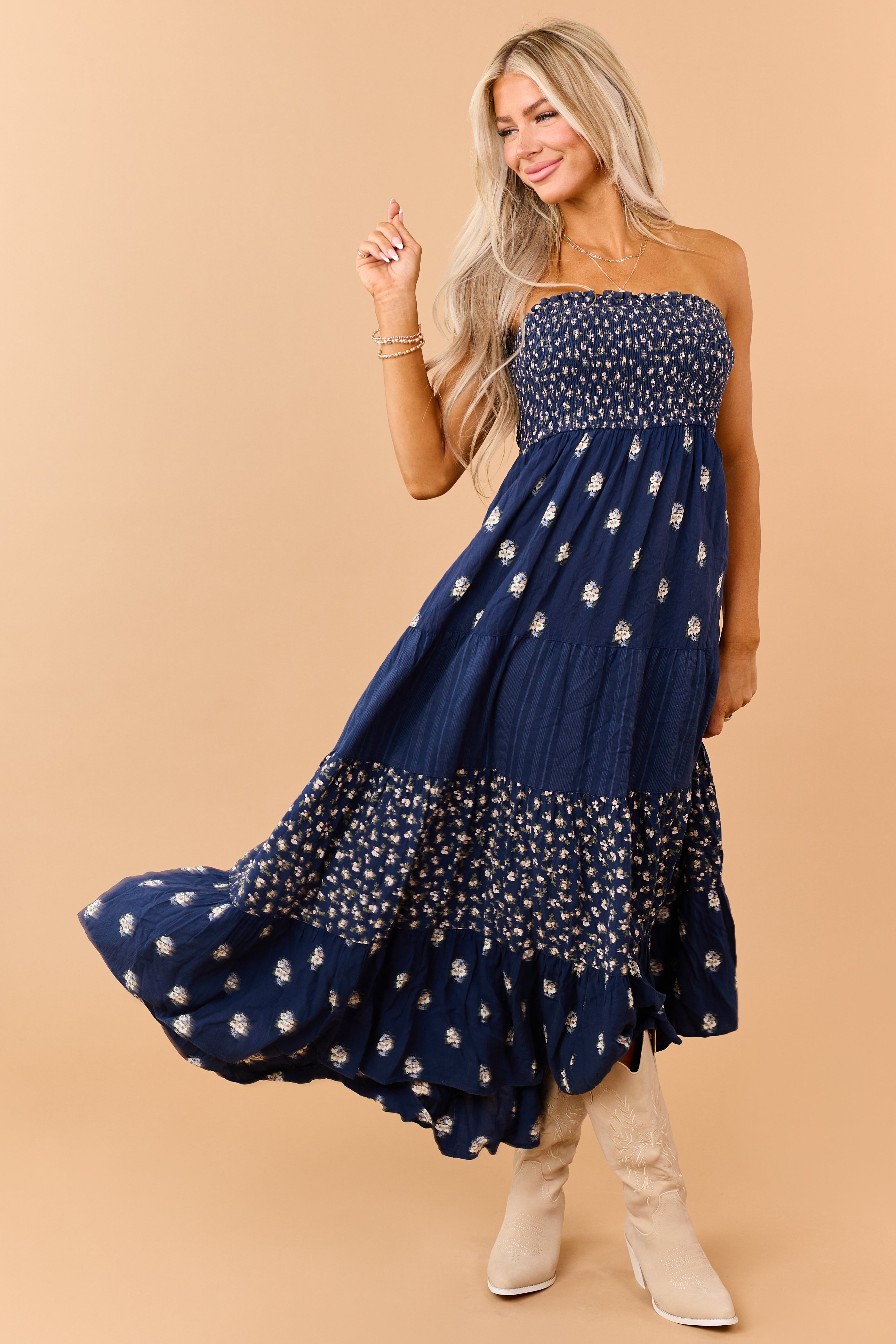 Navy Tiered Floral Print Strapless Maxi Dress