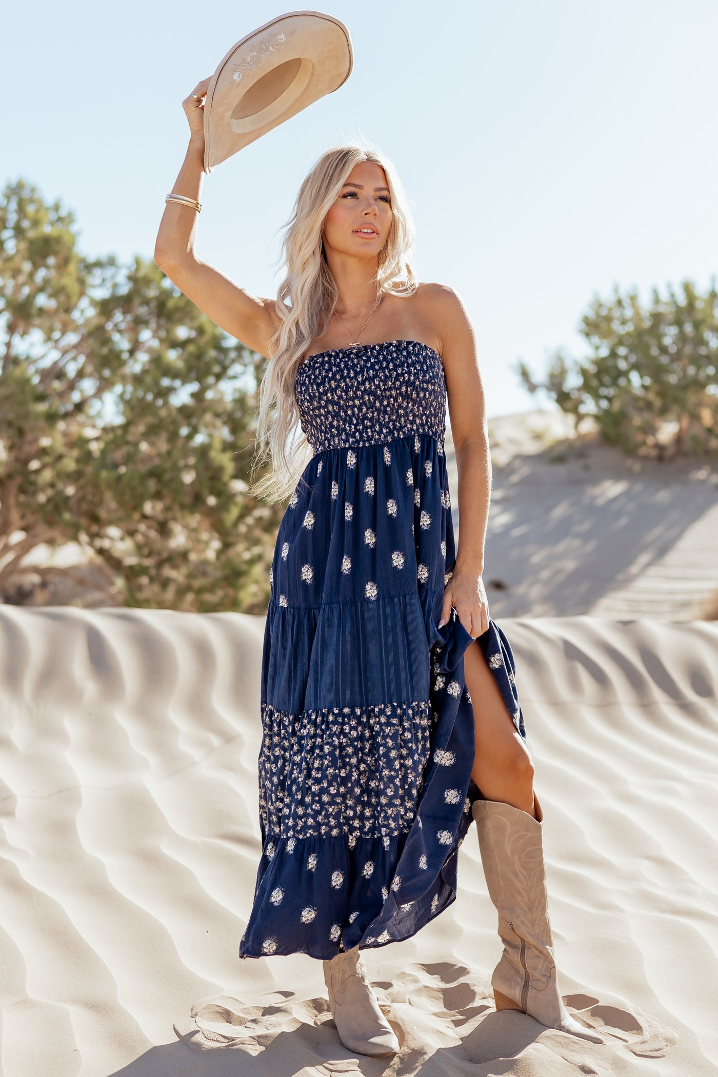 Navy Tiered Floral Print Strapless Maxi Dress