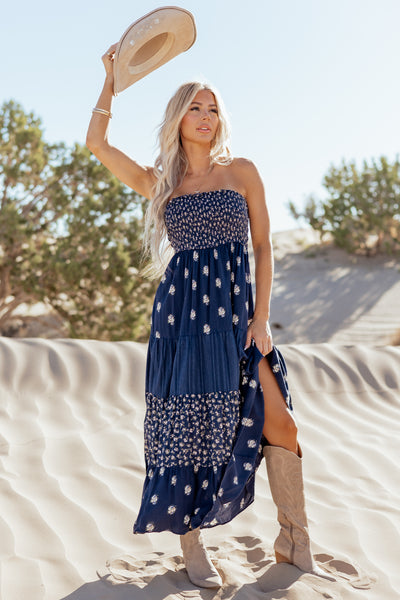 Navy Tiered Floral Print Strapless Maxi Dress