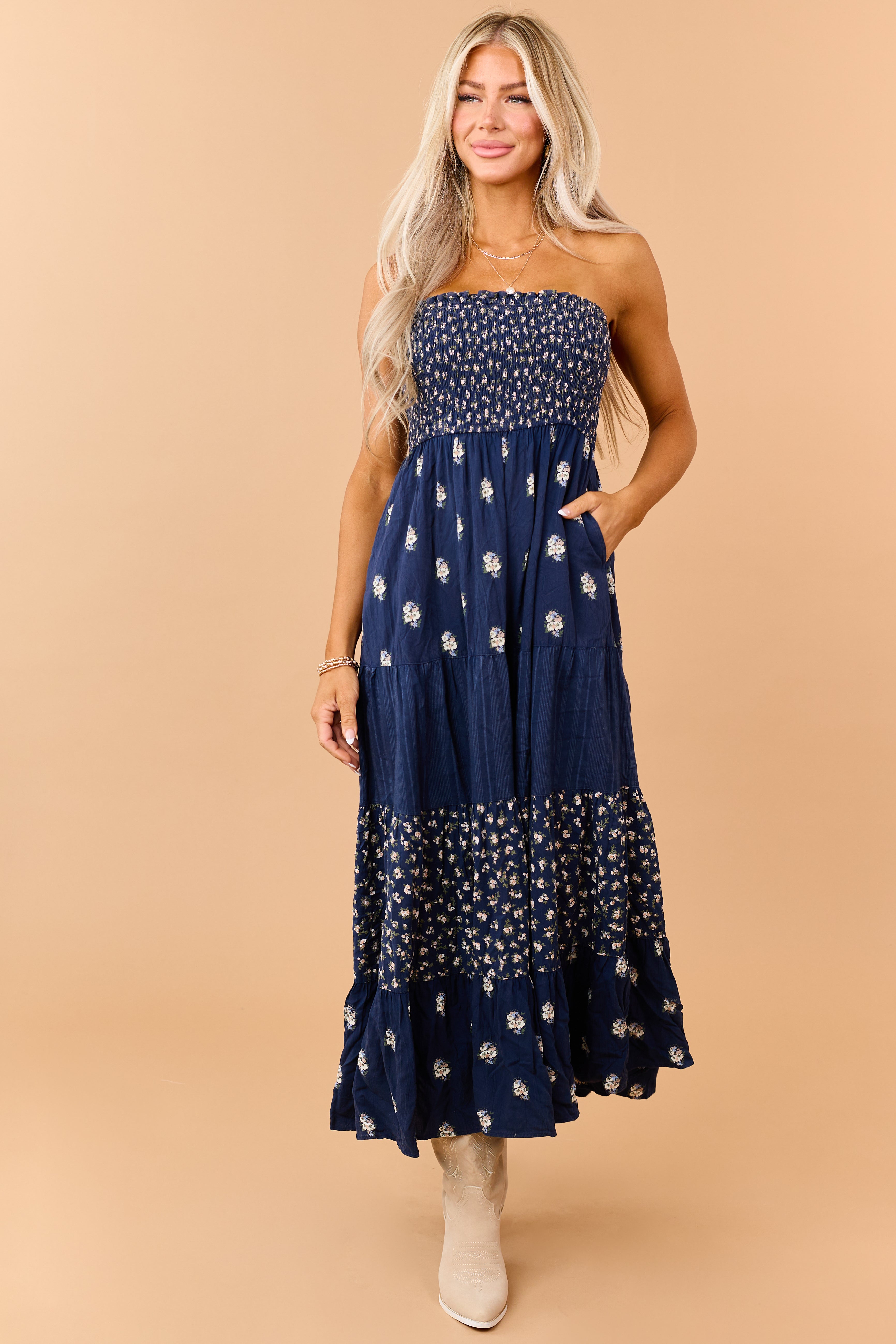 Navy Tiered Floral Print Strapless Maxi Dress