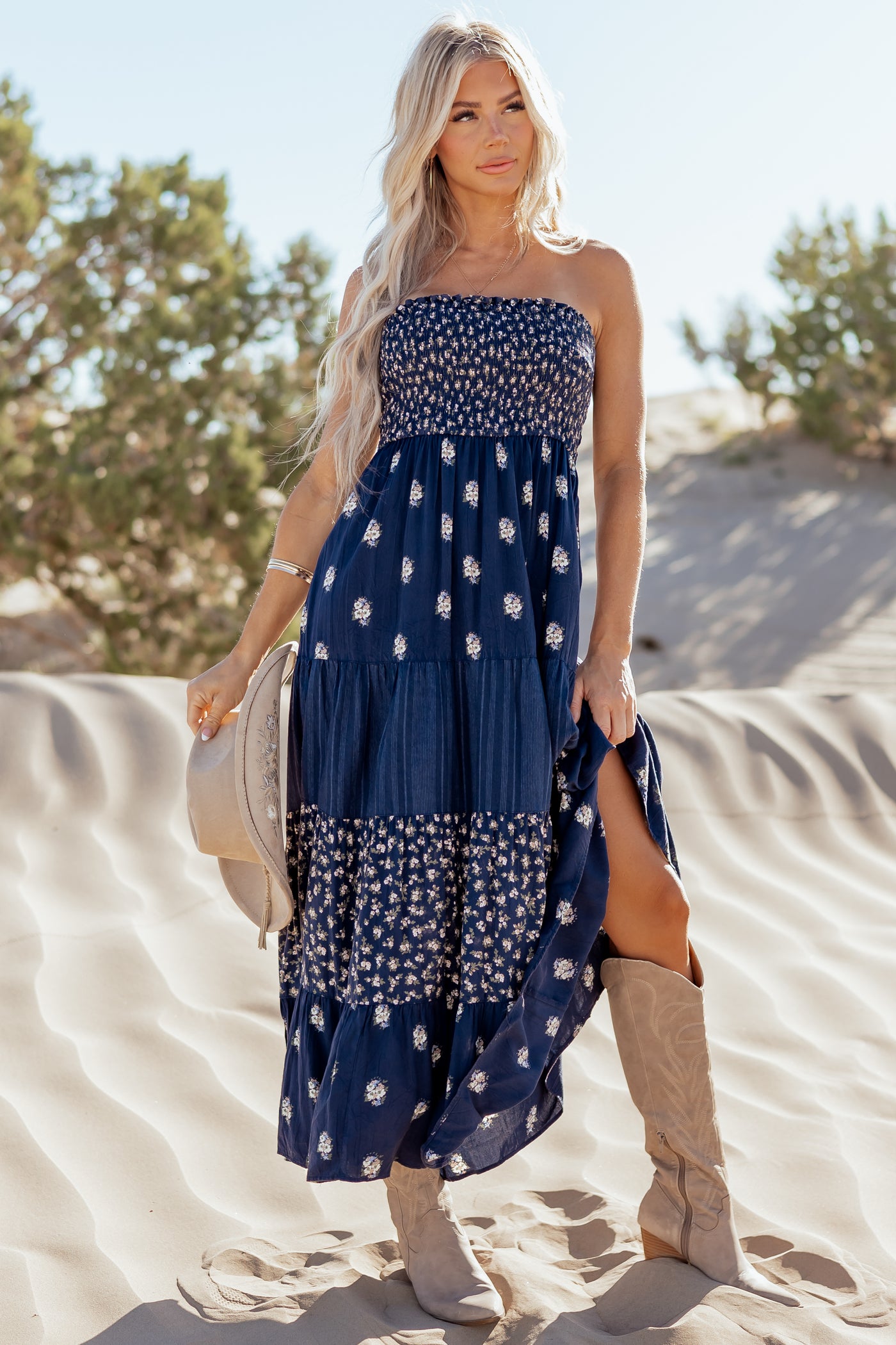 Navy Tiered Floral Print Strapless Maxi Dress