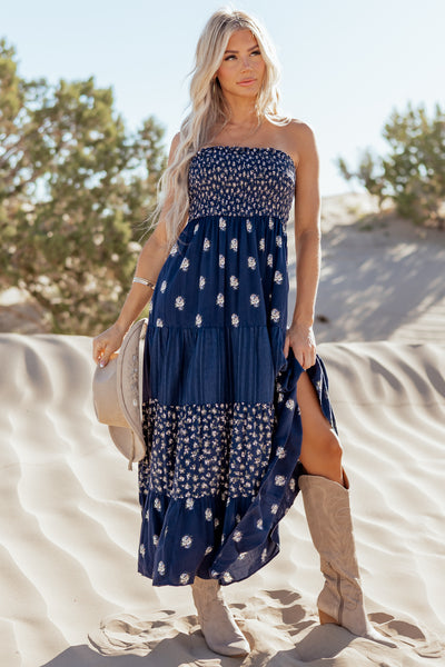 Navy Tiered Floral Print Strapless Maxi Dress