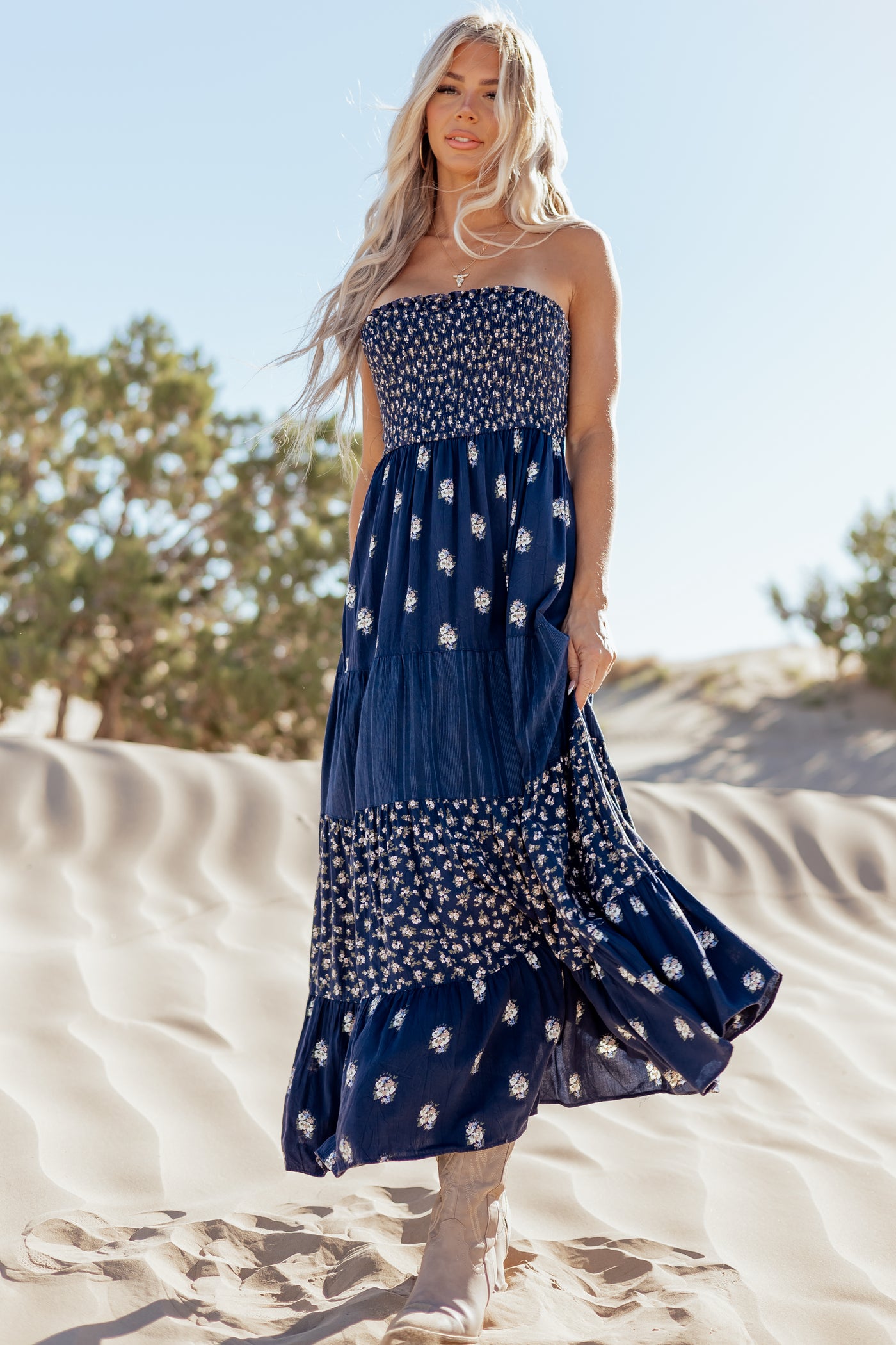 Navy Tiered Floral Print Strapless Maxi Dress