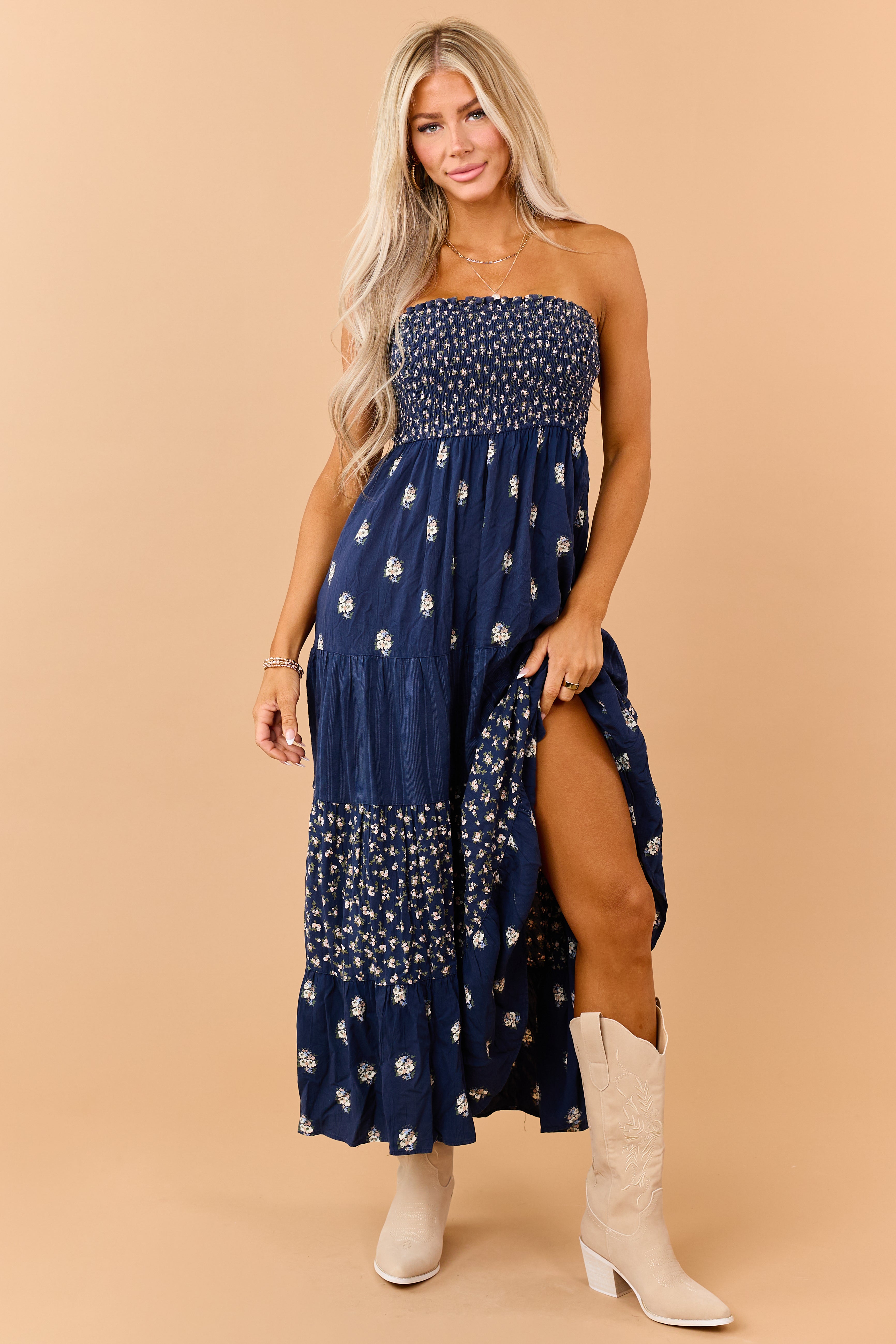 Navy Tiered Floral Print Strapless Maxi Dress