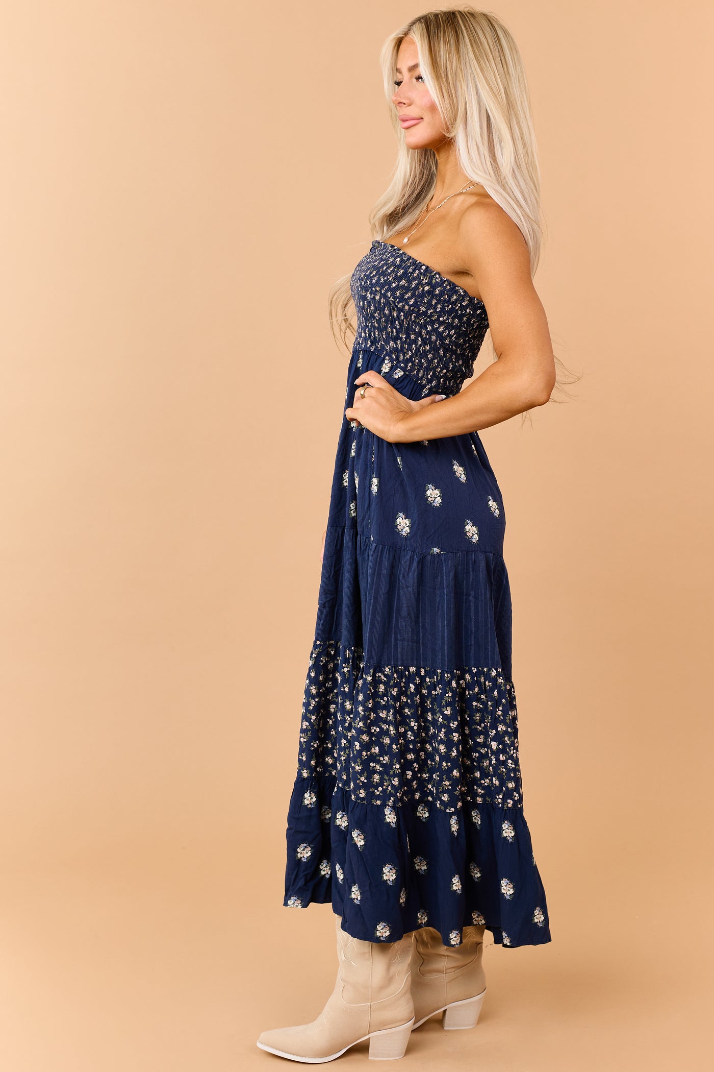 Navy Tiered Floral Print Strapless Maxi Dress