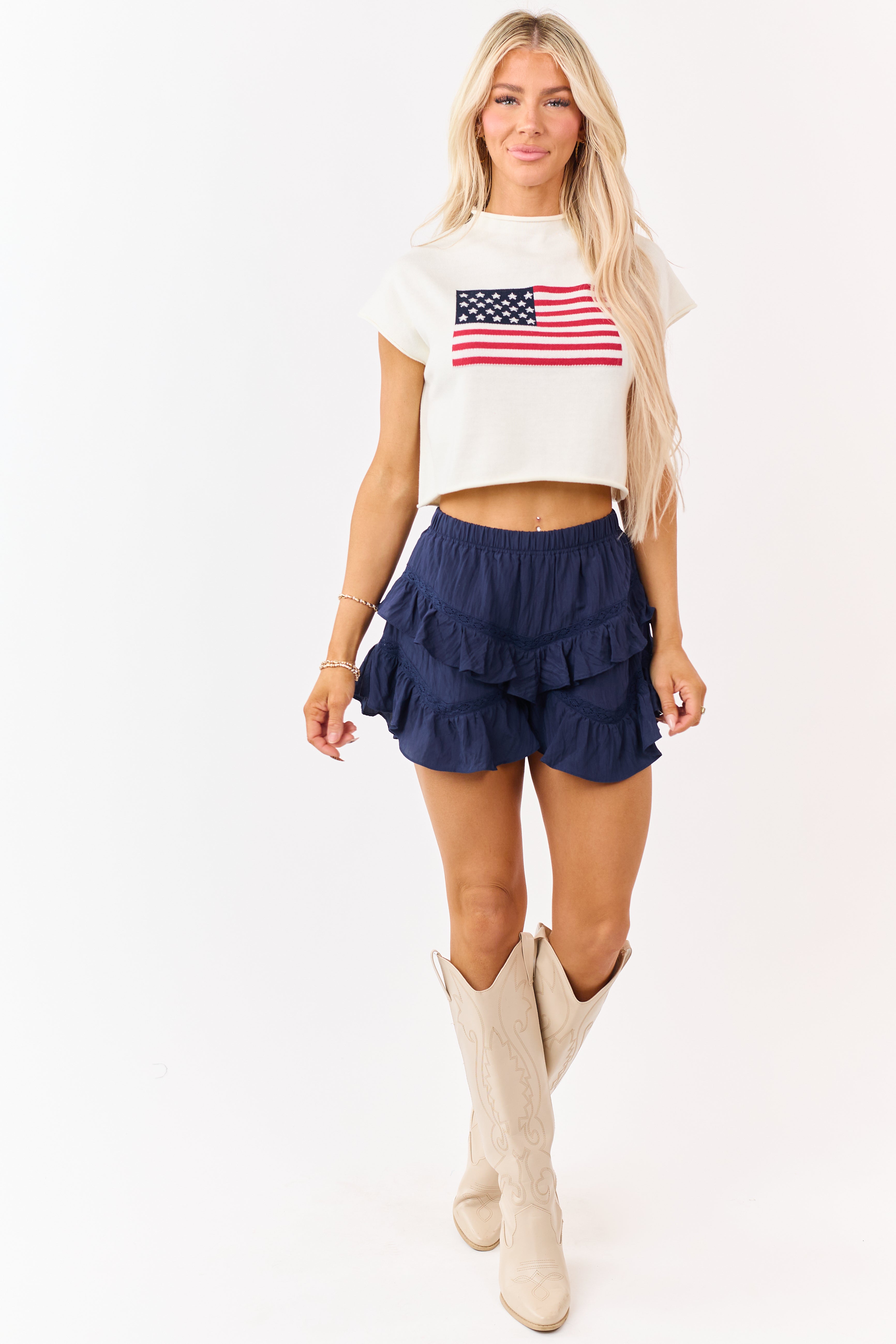 Navy Tiered Ruffle Lace Trim Flounce Shorts