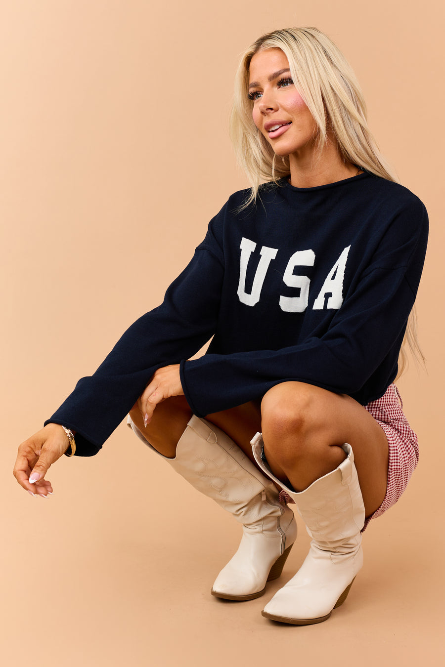 Navy 'USA' Cropped Long Sleeve Sweater