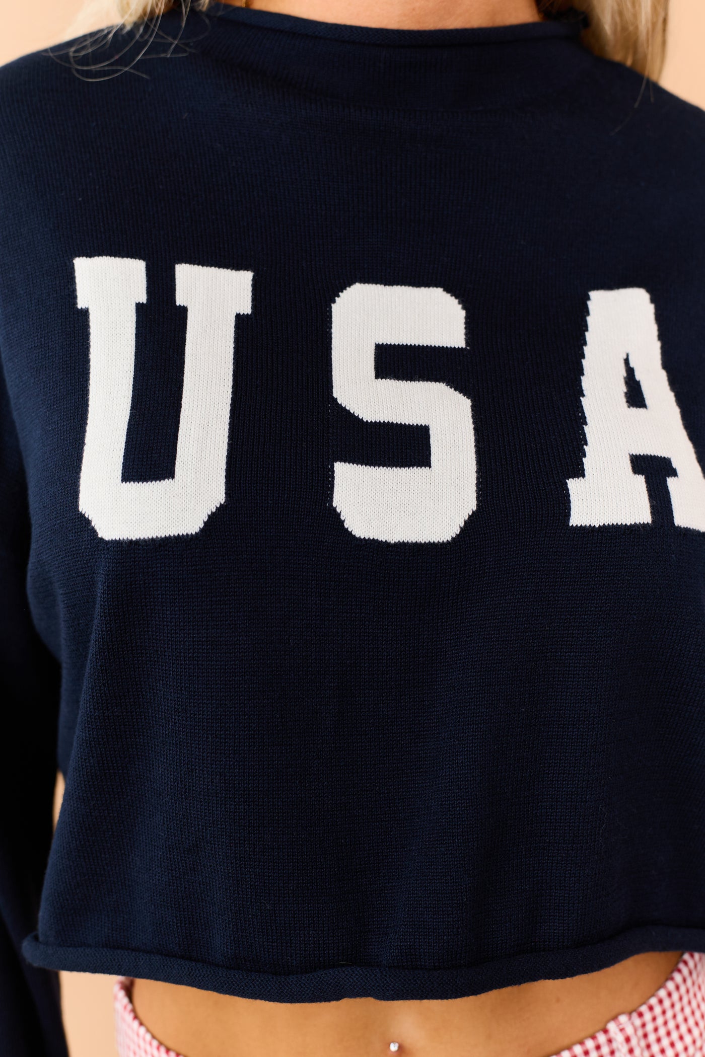 Navy 'USA' Cropped Long Sleeve Sweater