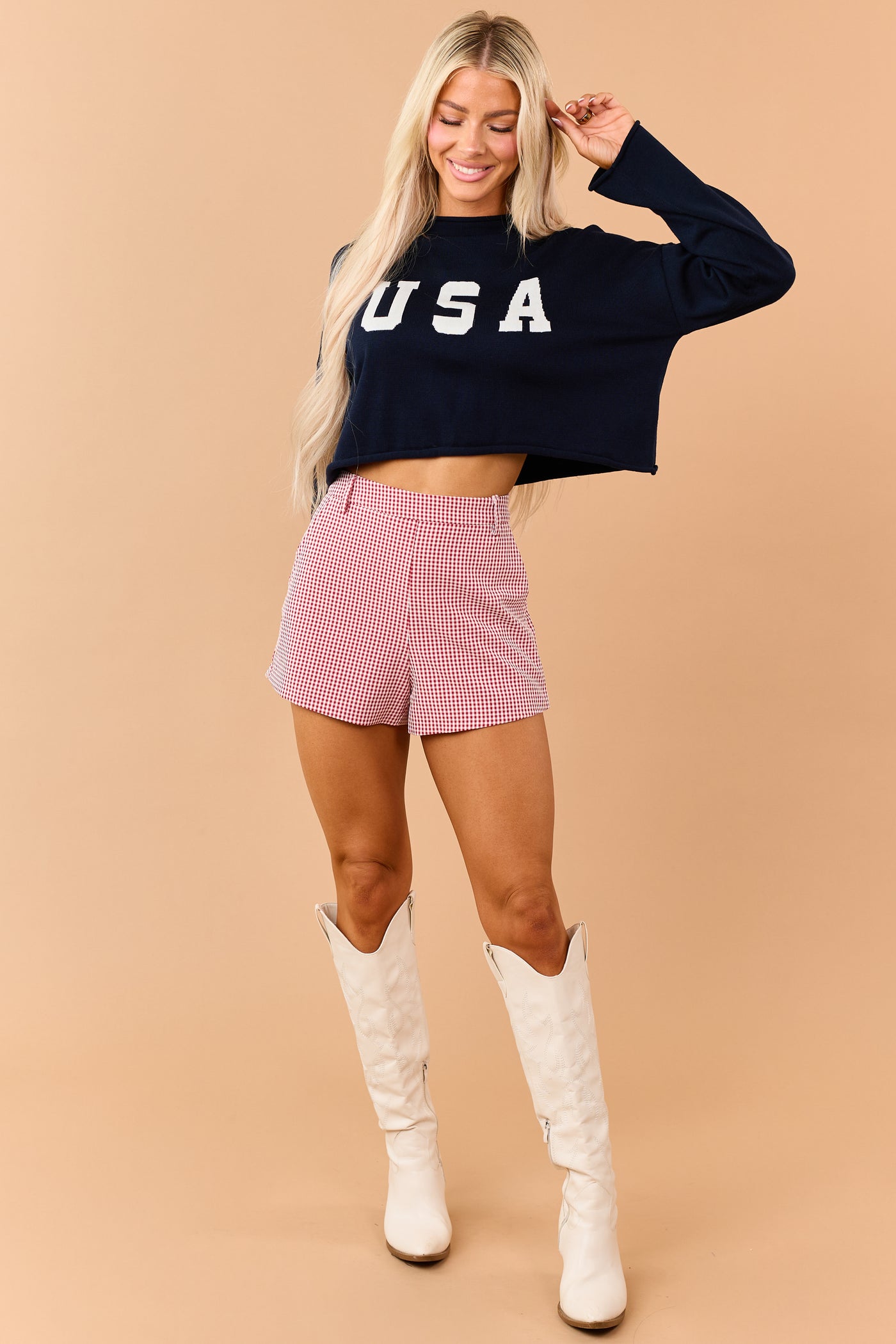 Navy 'USA' Cropped Long Sleeve Sweater