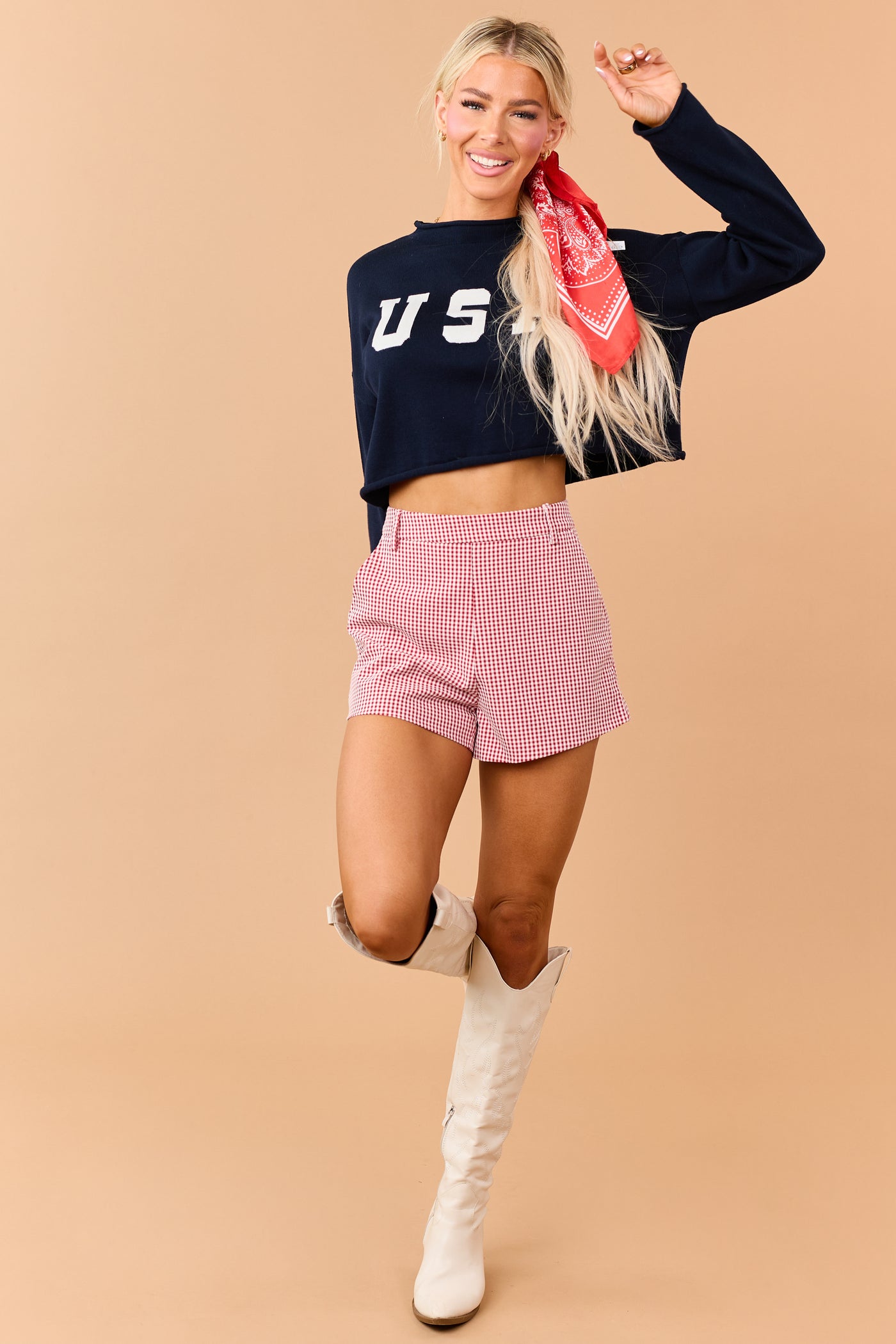 Navy 'USA' Cropped Long Sleeve Sweater