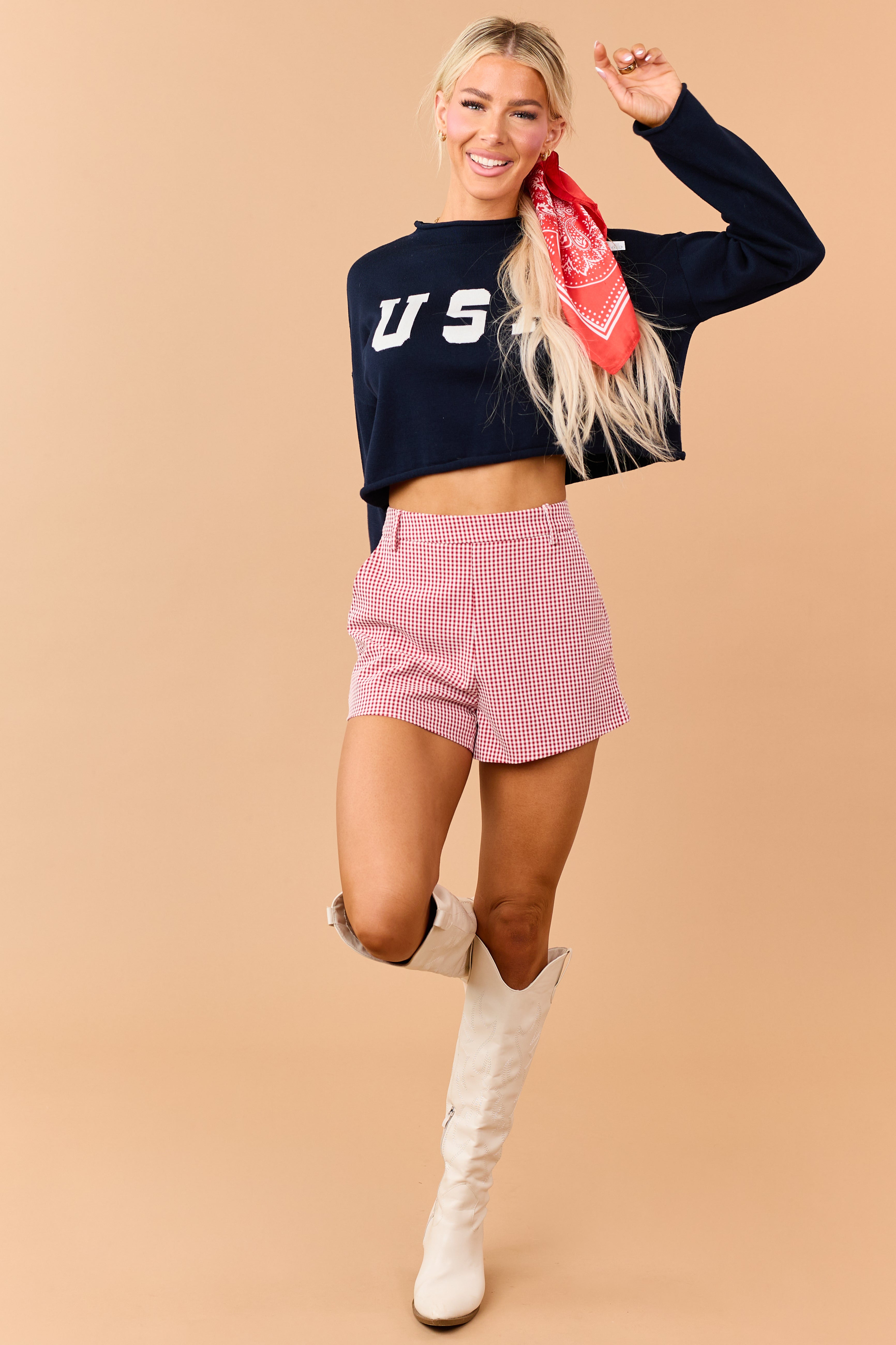 Navy 'USA' Cropped Long Sleeve Sweater